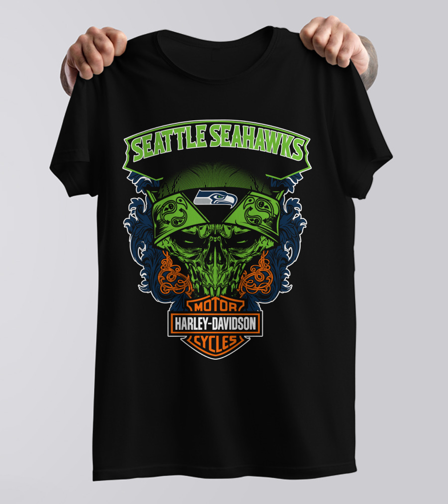Seattle Seahawks Harley Davidson Skull Motor Cycles T-Shirt