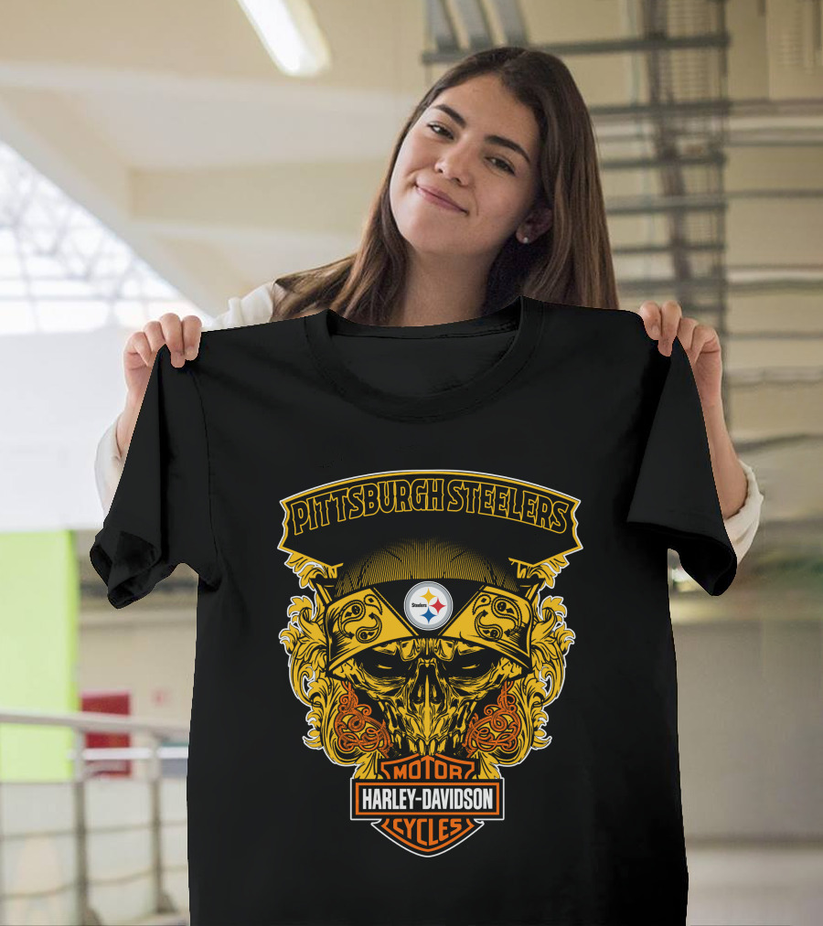 Pittsburgh Steelers Harley Davidson Motorcycles Skull T-Shirt