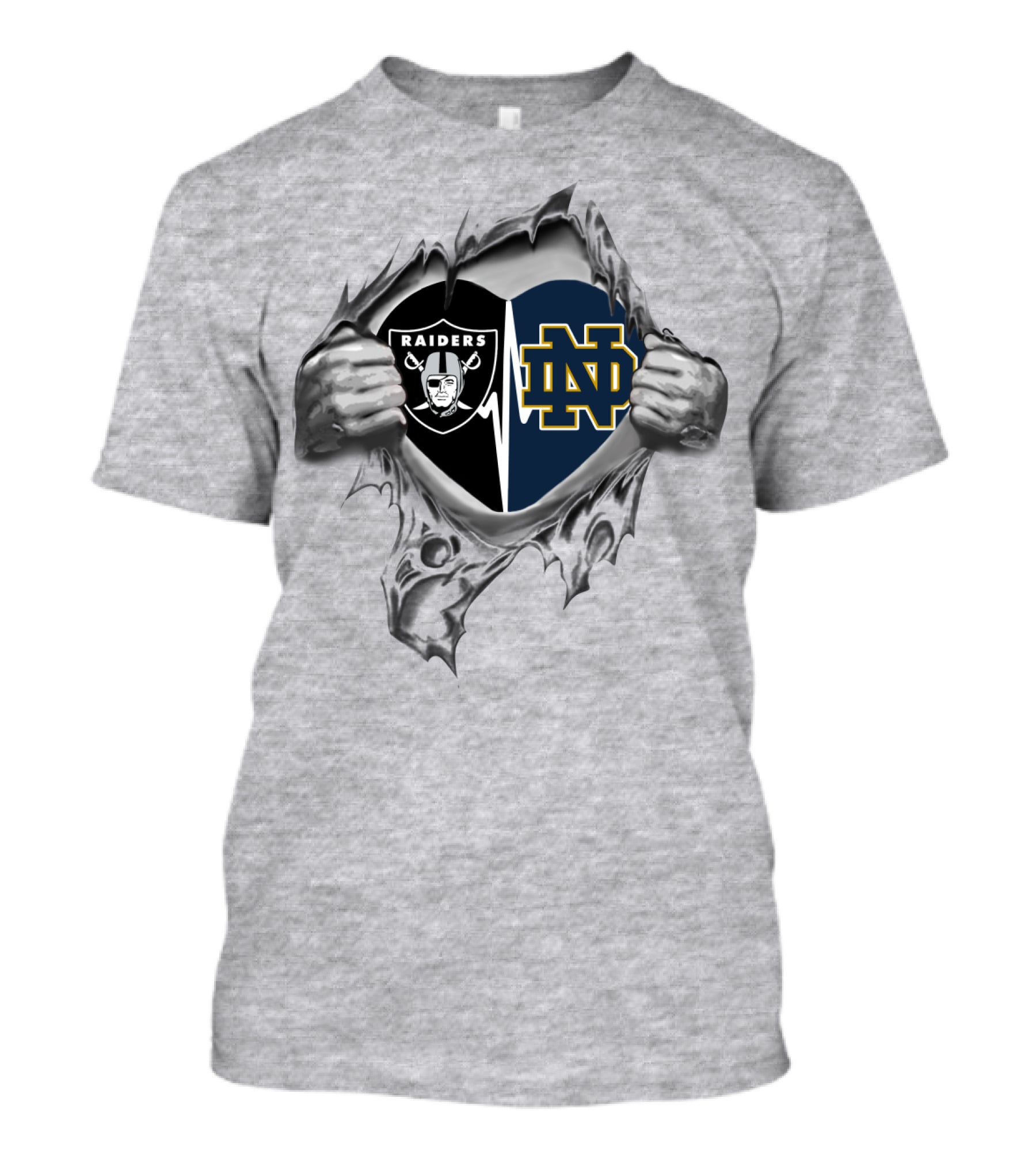 Raiders Notre Dame Logo Heart Hands Torn Fabric T-Shirt