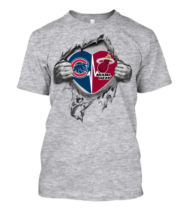 Cubs Miami Heat Heart Hands Tearing Baseball Basketball Fusion T-Shirt
