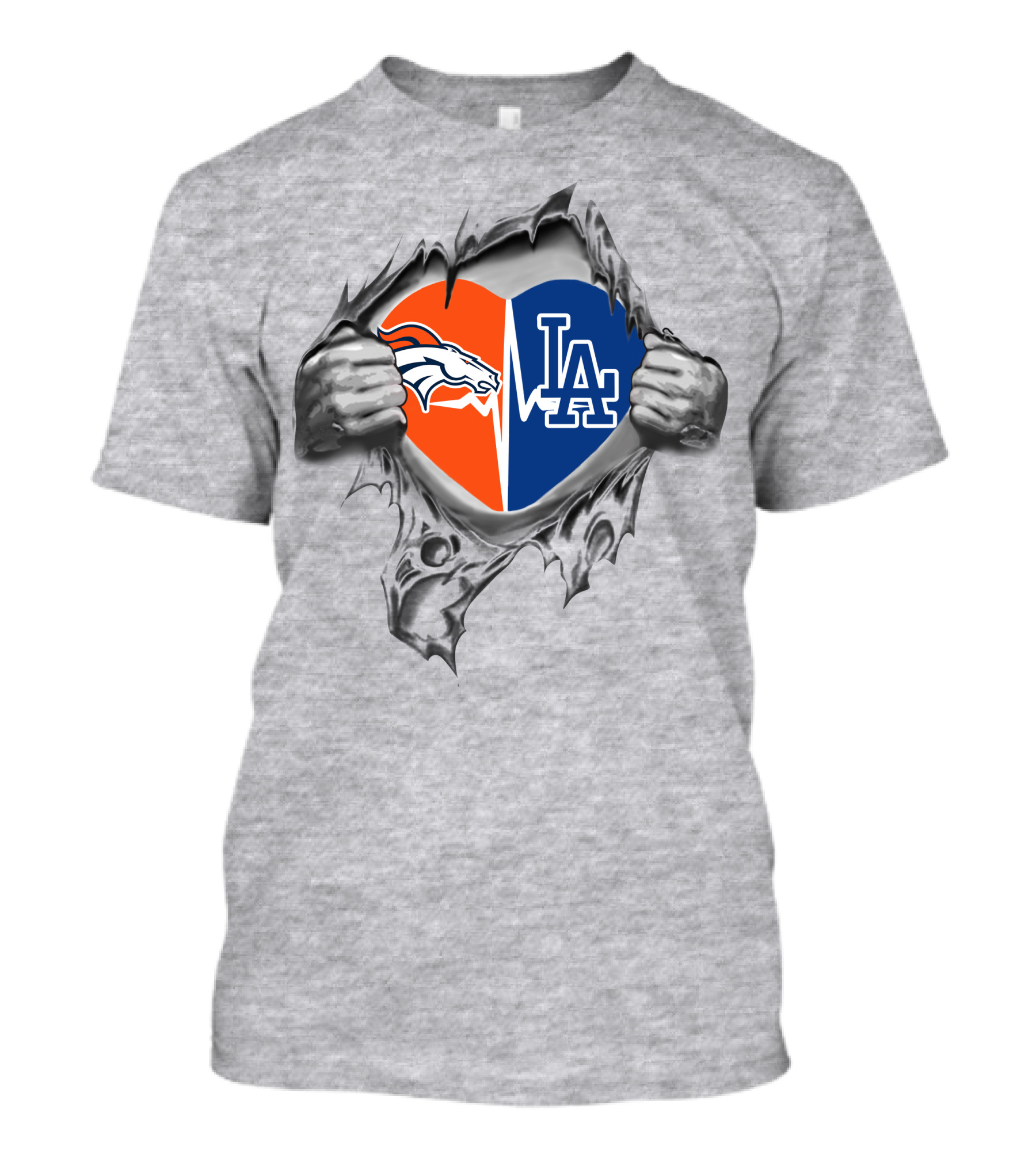 Broncos Dodgers Heartbeat Fusion Logo With Ripped Heart T-Shirt