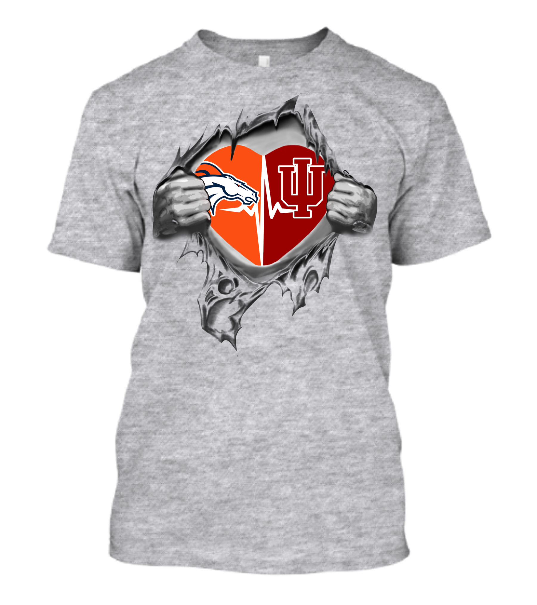 Broncos And Hoosiers Heart Emblem With Split Logos And Ekg Line Featuring Passion And Loyalty T-Shirt
