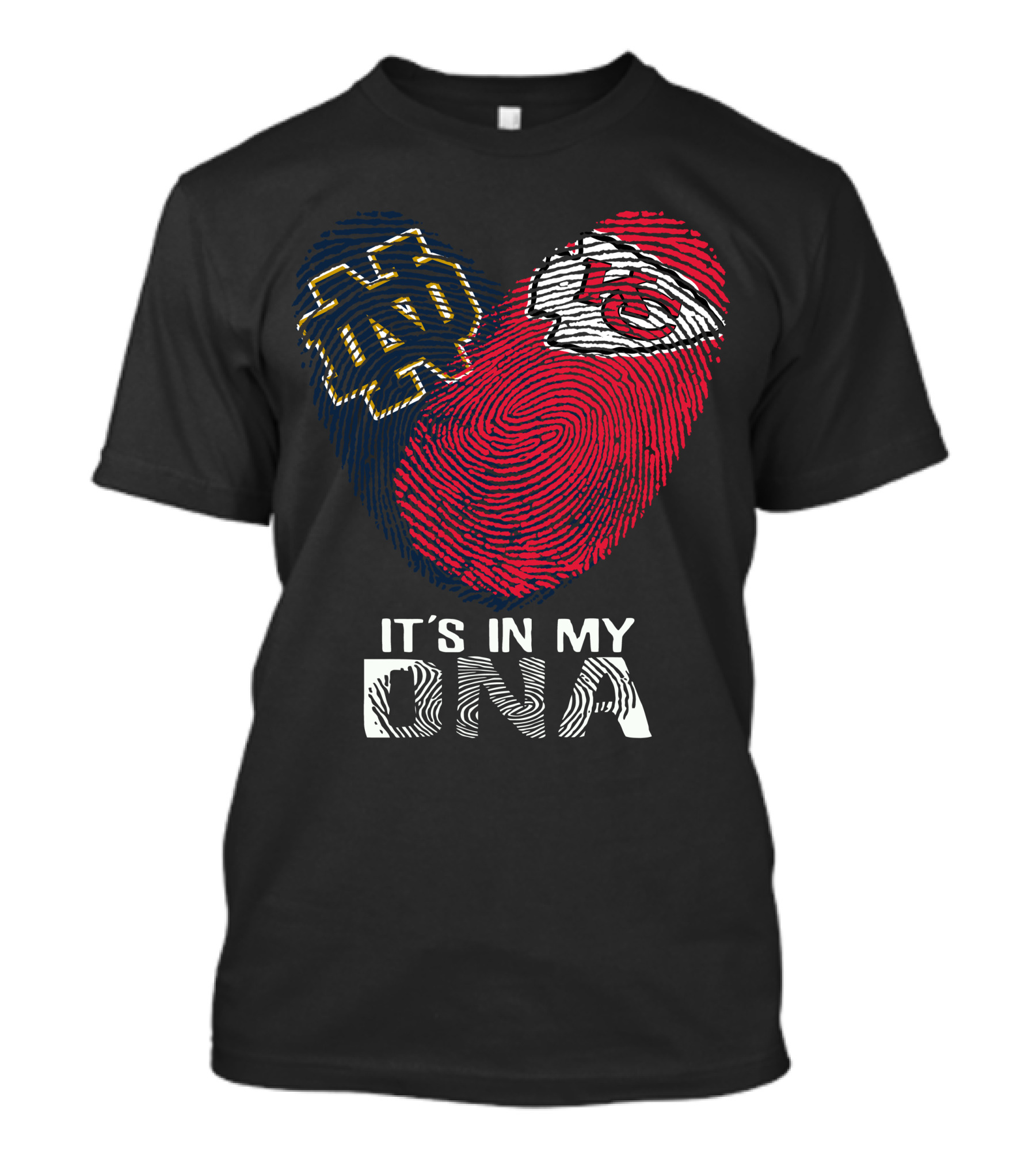 Notre Dame And Kansas City Chiefs Fingerprint Heart It's In My DNA T-Shirt