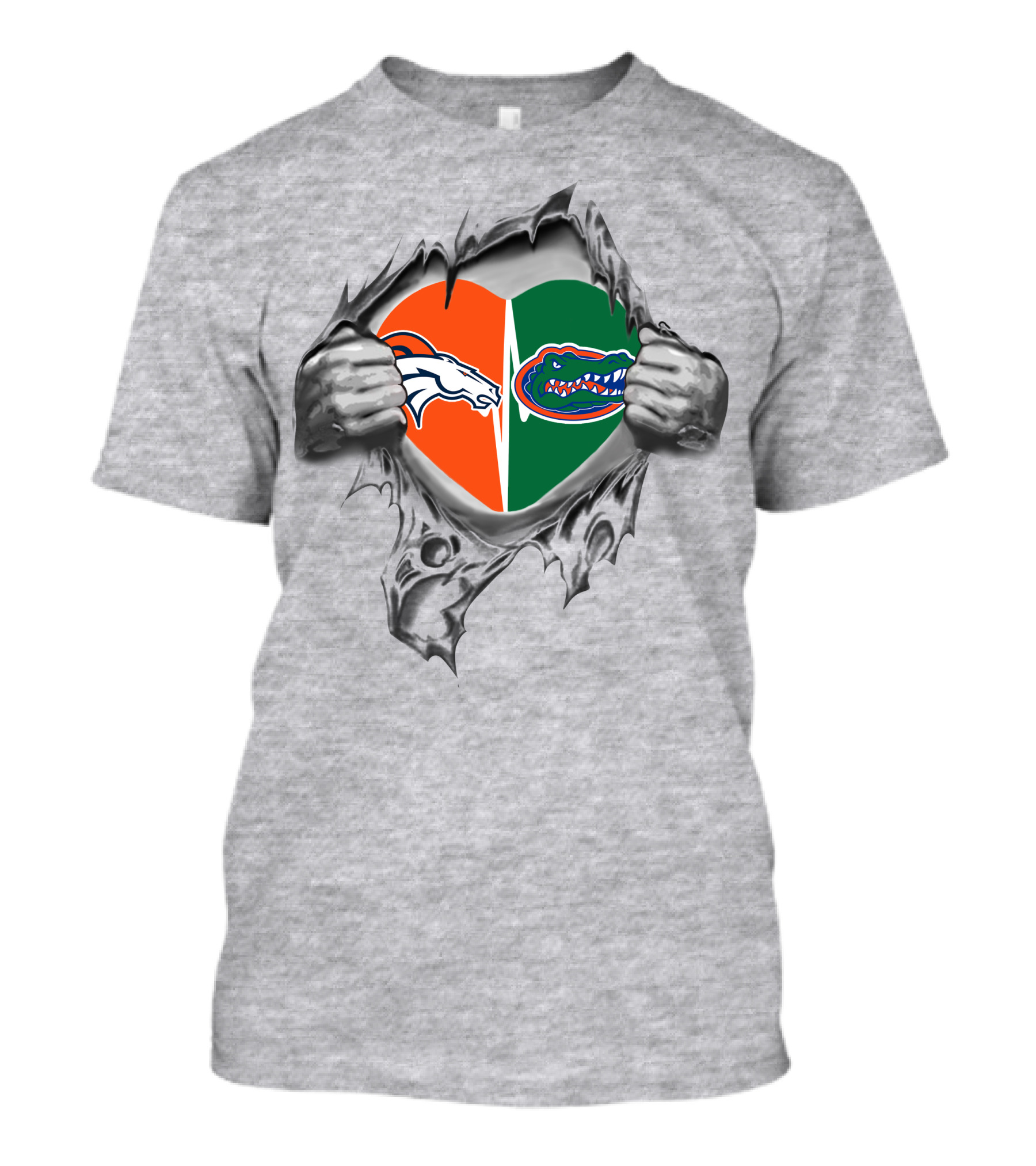 Broncos Gators Heart With Tearing Hands T-Shirt