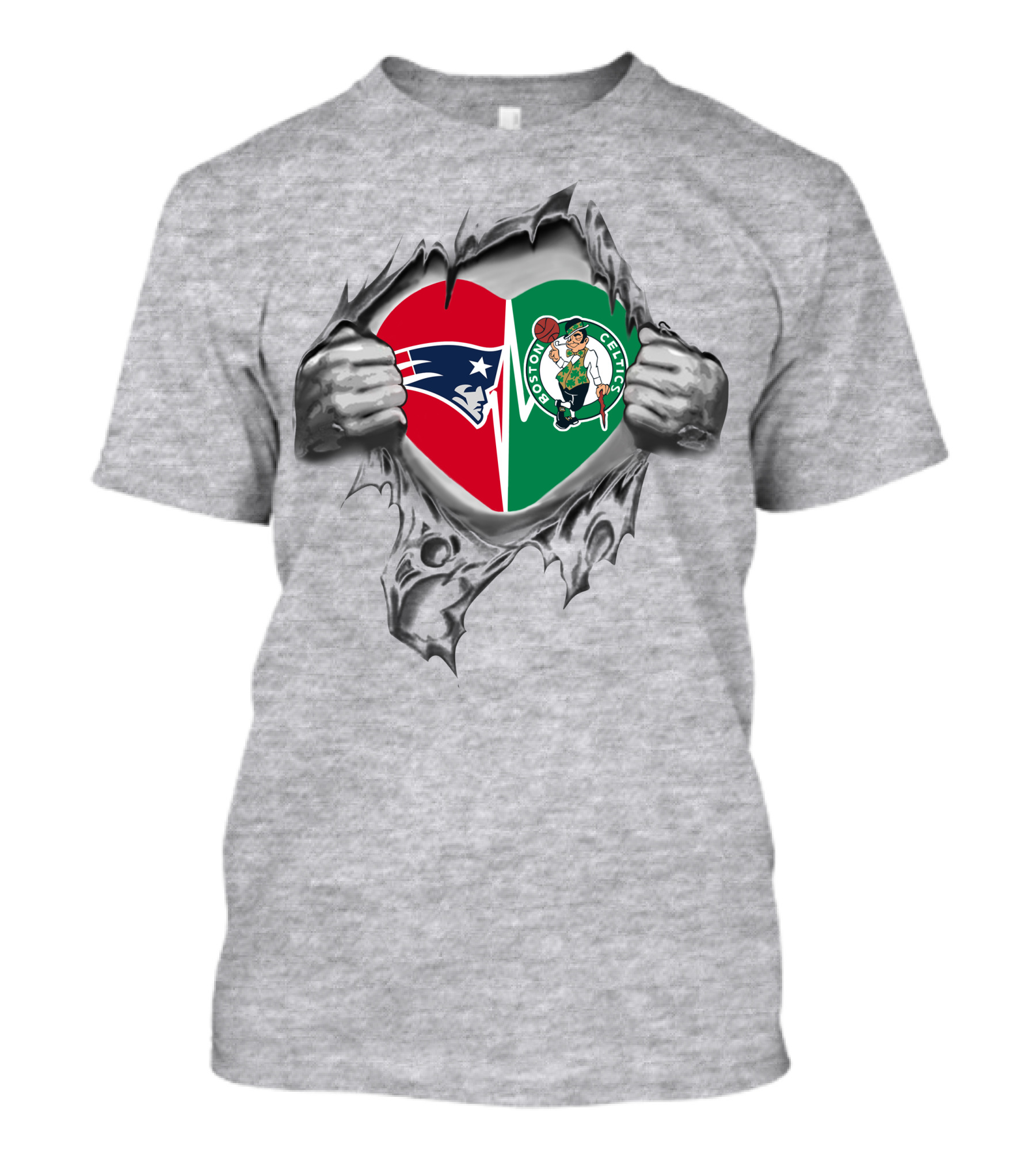Patriots And Celtics Heart Symbol Pulled Open By Hands T-Shirt