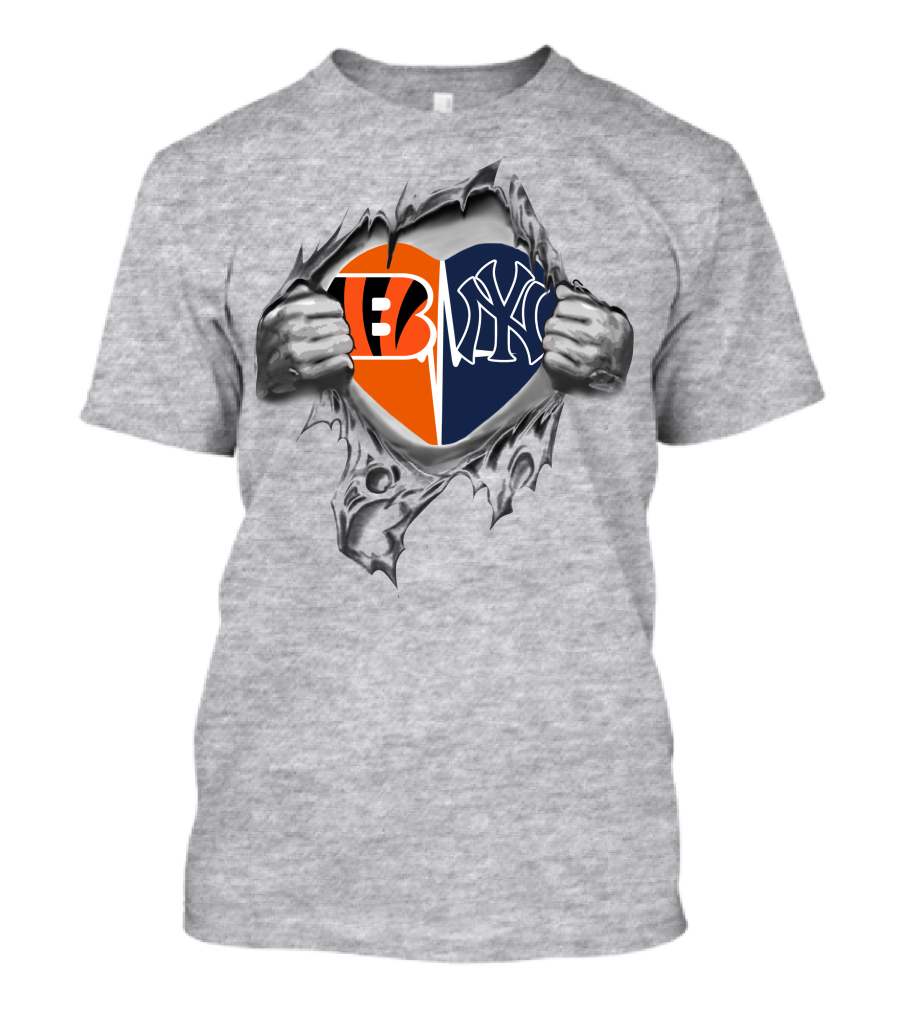 Bengals Yankees Split Heart With Hands Ripping T-Shirt