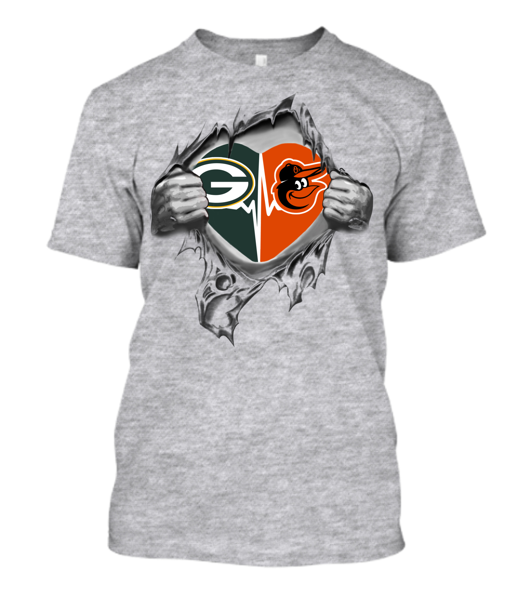 Green Bay Packers Baltimore Orioles Heartbeat Torn Fabric T-Shirt