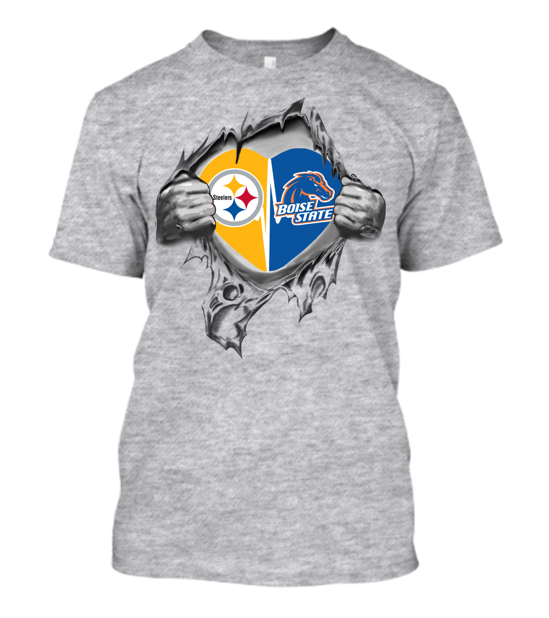Steelers Boise State Heart With Logos And Ripped Hands T-Shirt