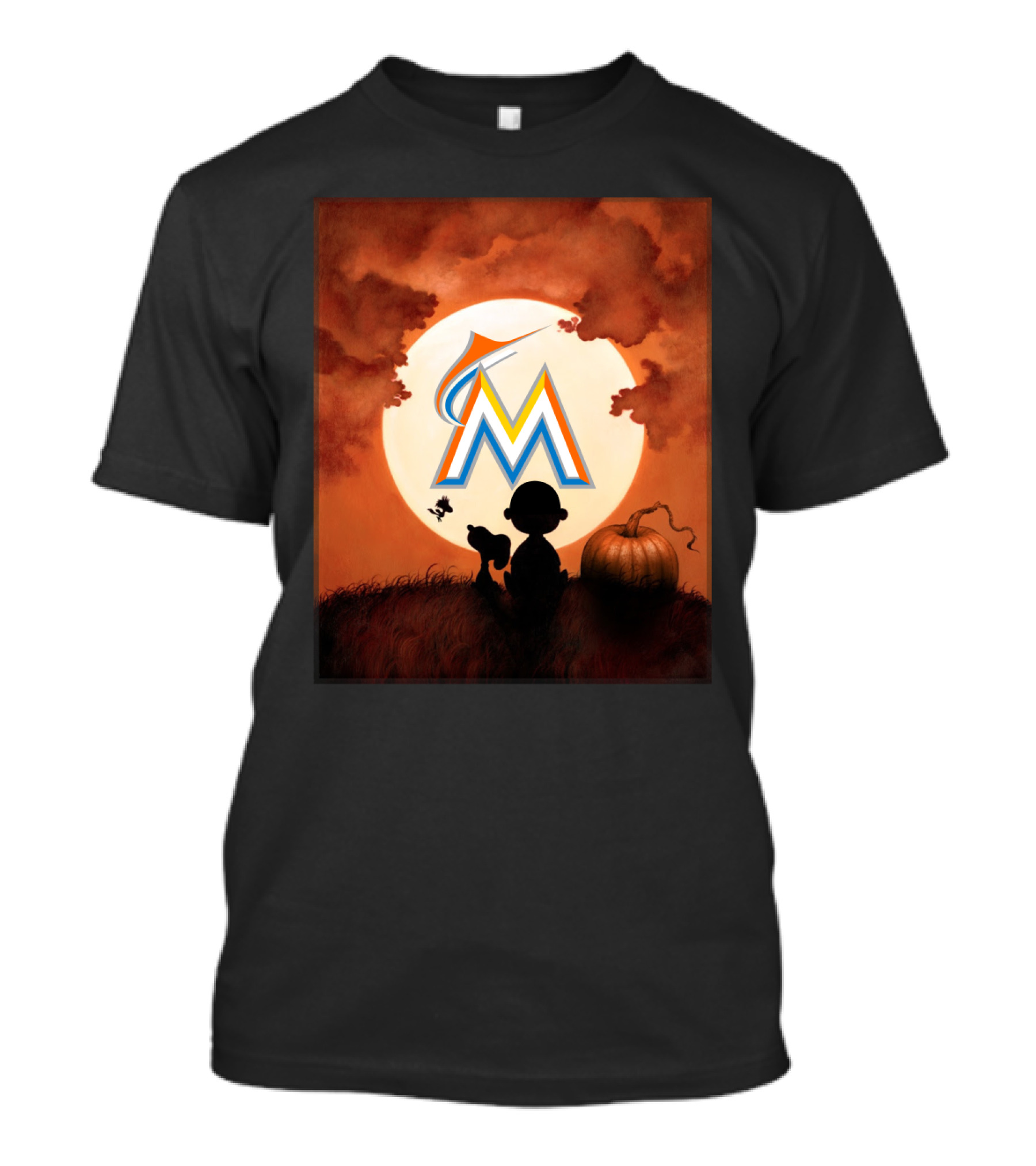 Halloween Miami Marlins Moonlit Silhouette And Pumpkin Scene T-Shirt