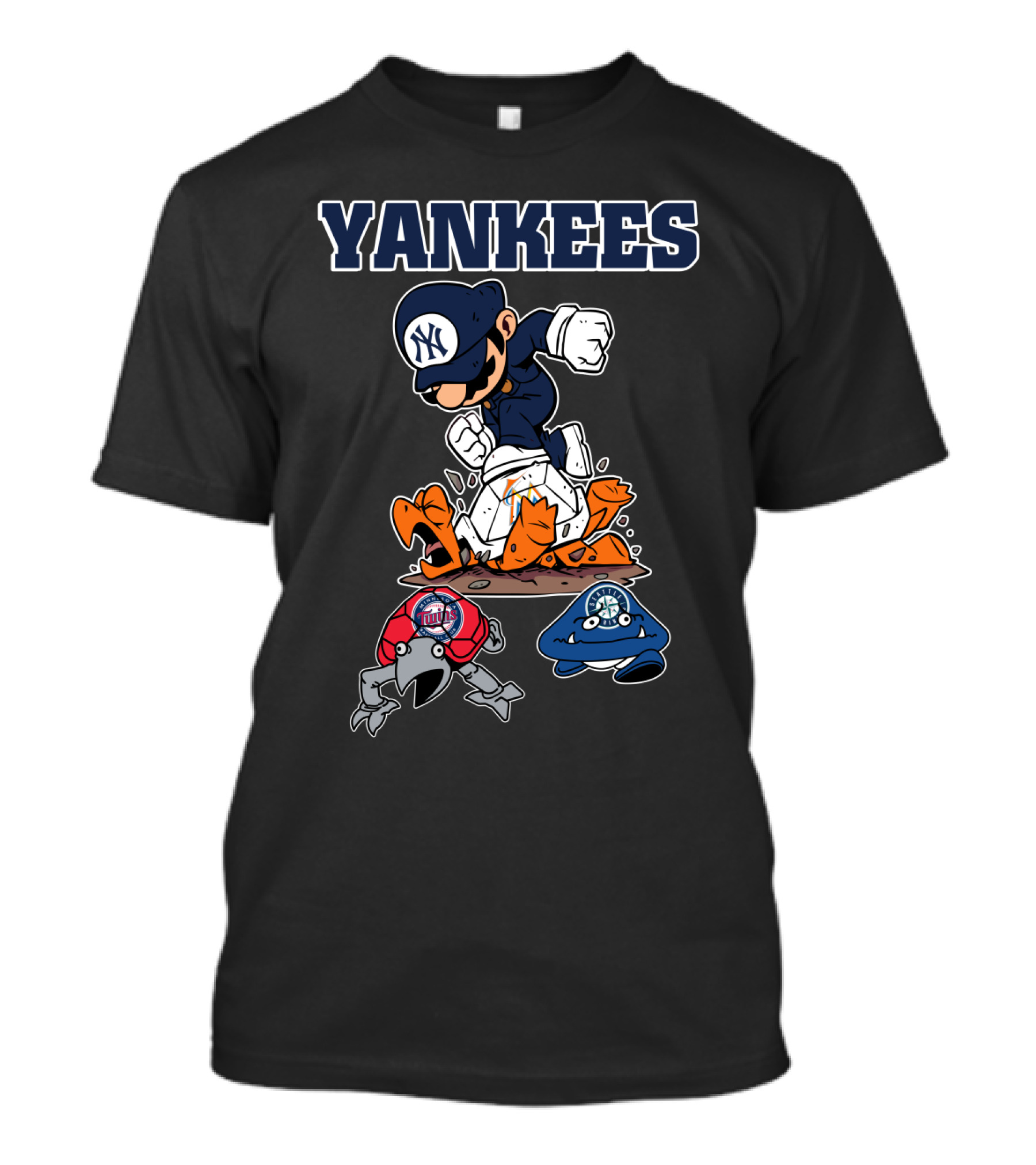 Yankees Cartoon Character In New York Baseball Cap Stomping Rival Mascots T-Shirt