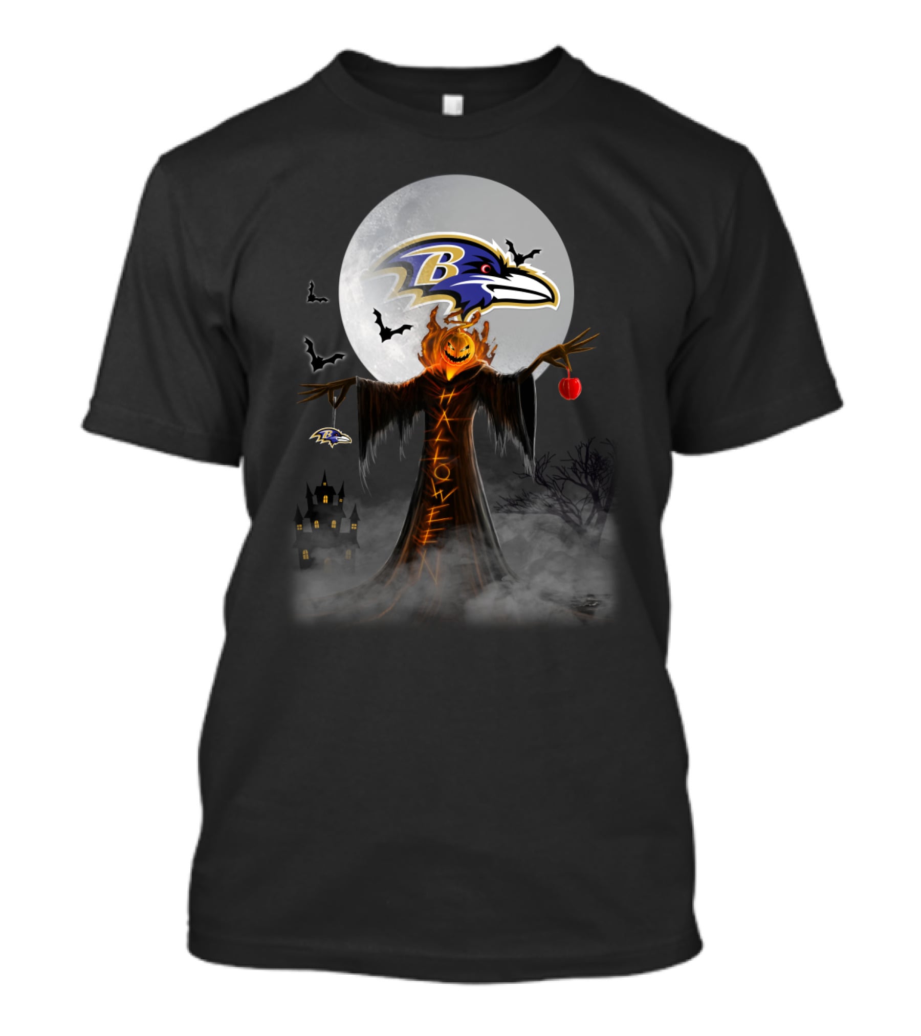 Baltimore Ravens Halloween Moon With Scarecrow And Pumpkin Head T-Shirt