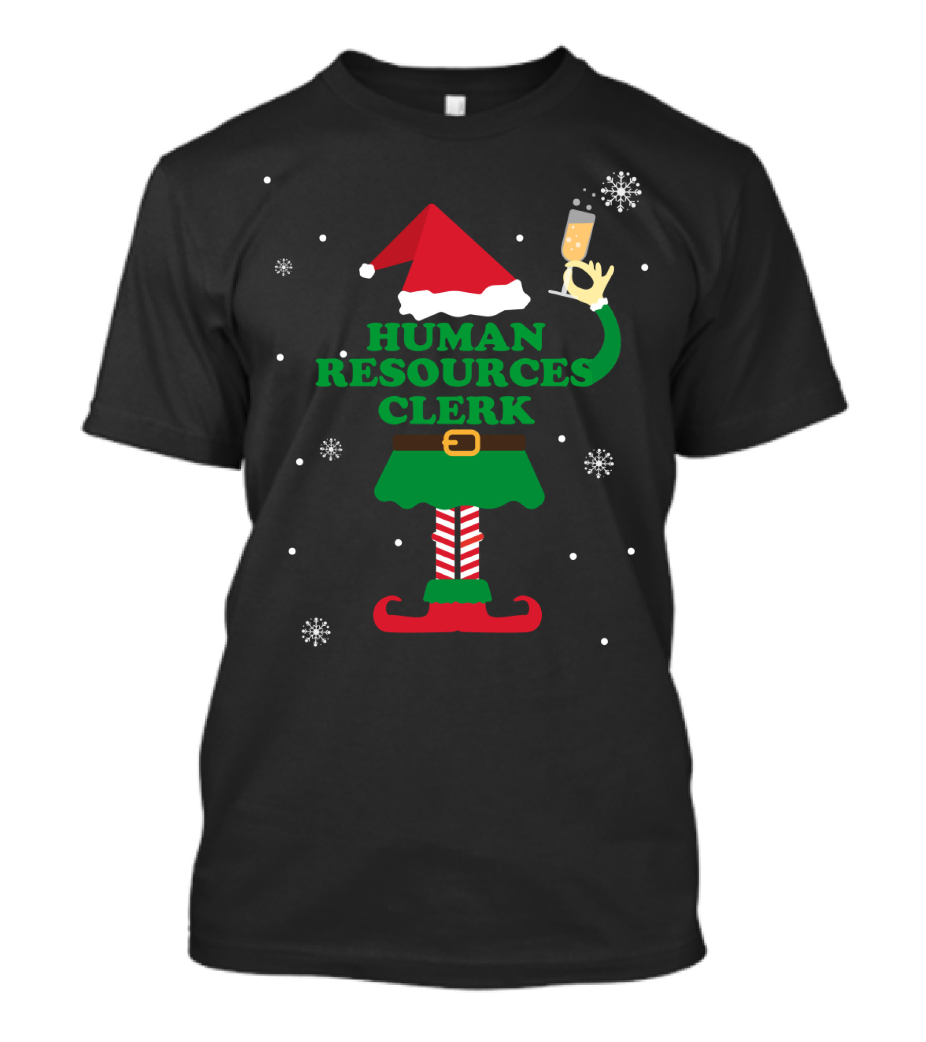 Human Resources Clerk Elf With Champagne Glass And Santa Hat T-Shirt