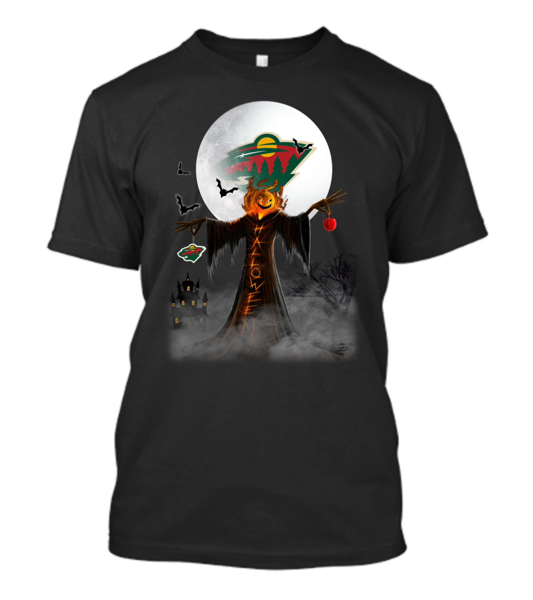 Halloween Pumpkin Scarecrow With Minnesota Wild Logo And Bats In Moonlit Haunted Scene T-Shirt