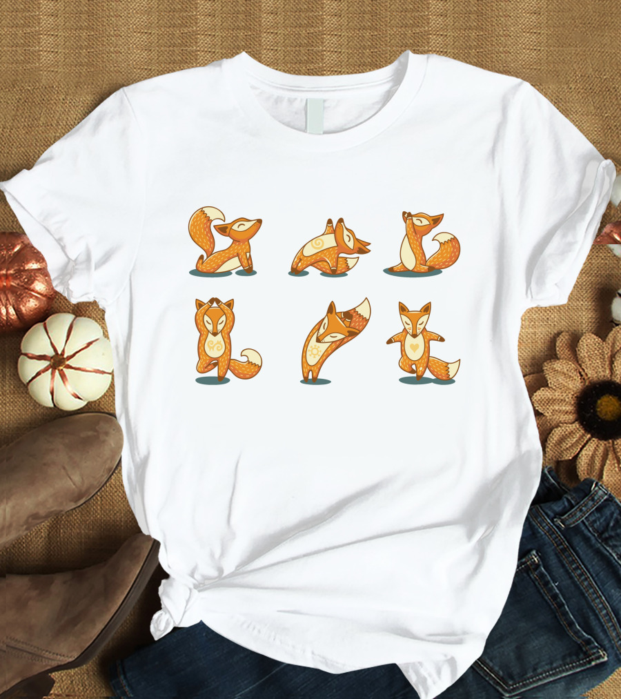 Fox Yoga Poses Playful Cartoon Style T-Shirt