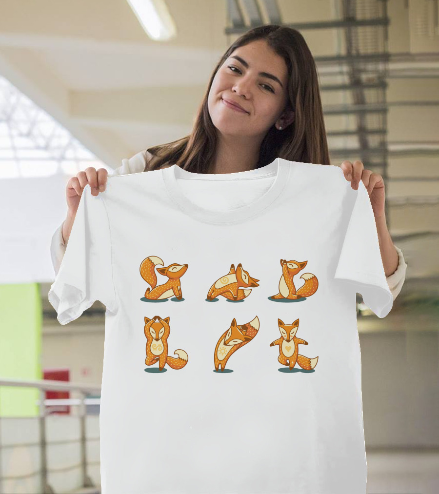 Fox Yoga Poses Playful Cartoon Style T-Shirt