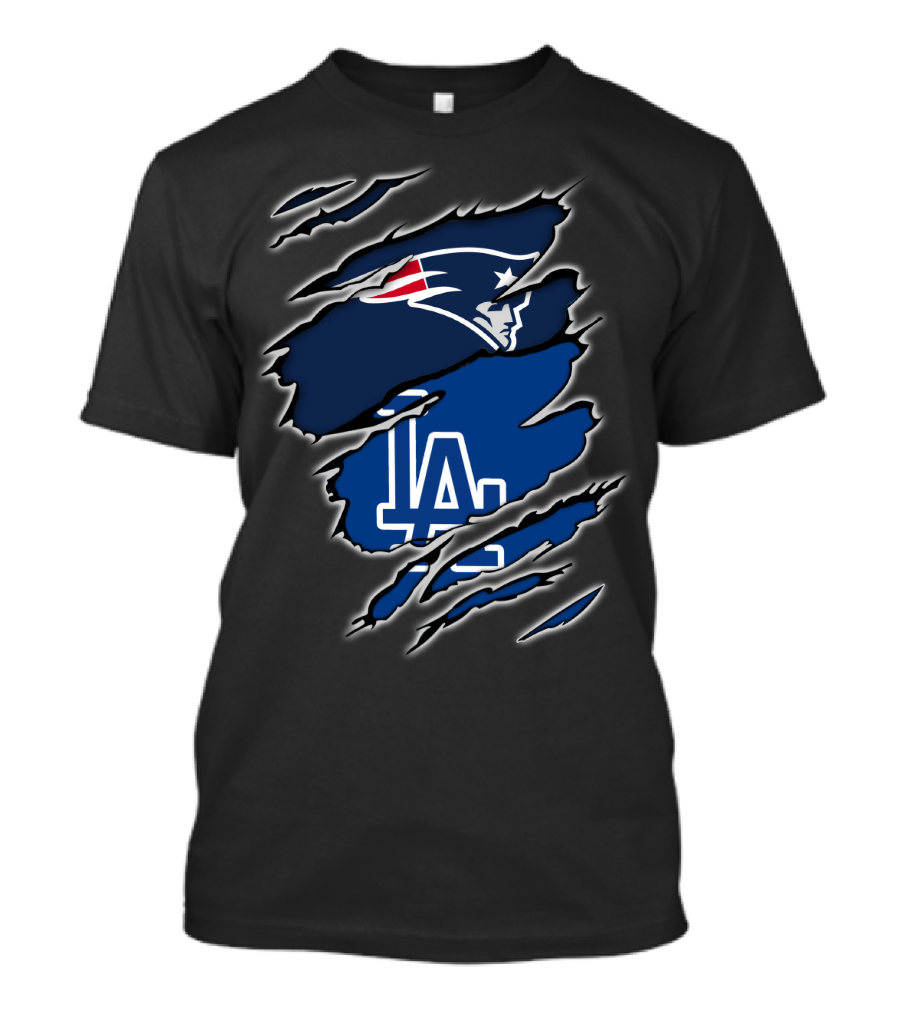 Patriots And LA Dodgers Logos In Torn Fabric T-Shirt