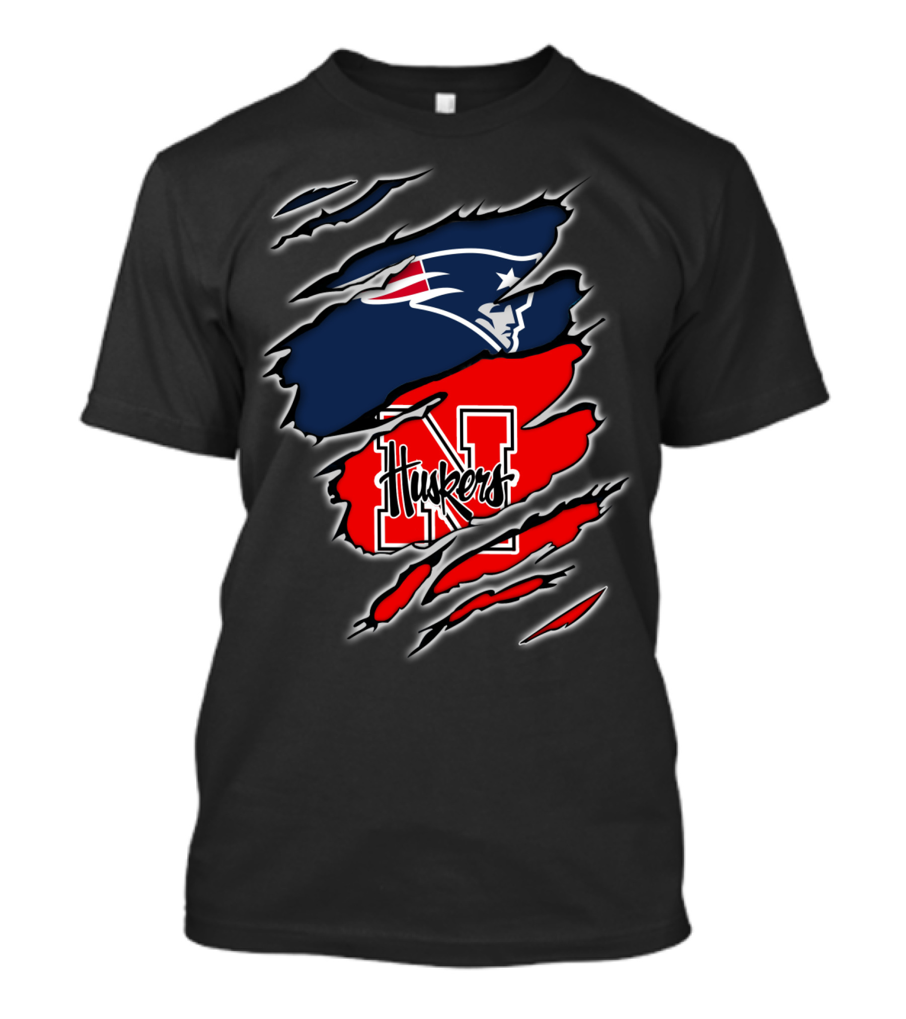 Patriots Logo With Huskers Nebraska N And Huskers Text In Torn T-Shirt