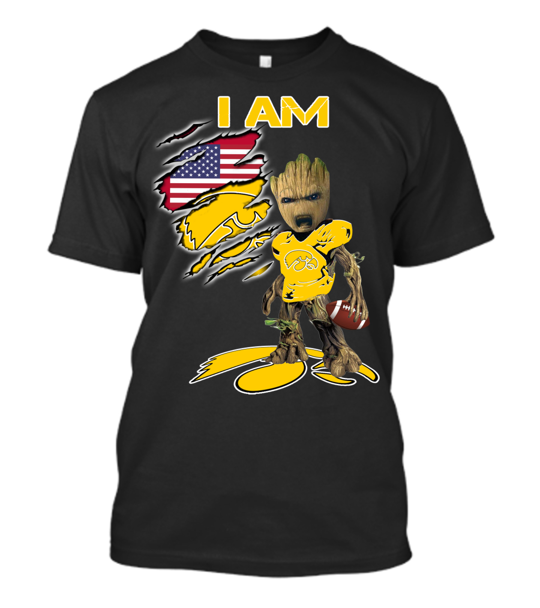 I Am Hawkeyes Baby Groot Holding Football With Usa Flag And Iowa Hawkeyes T-Shirt
