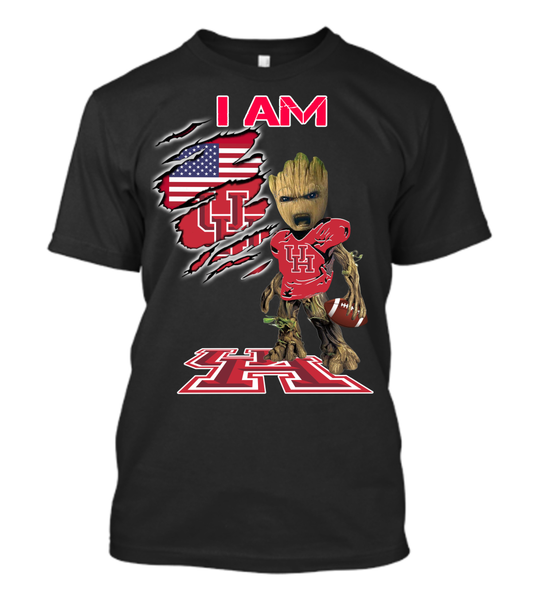 I Am Baby Groot Uh Football American Flag Houston T-Shirt