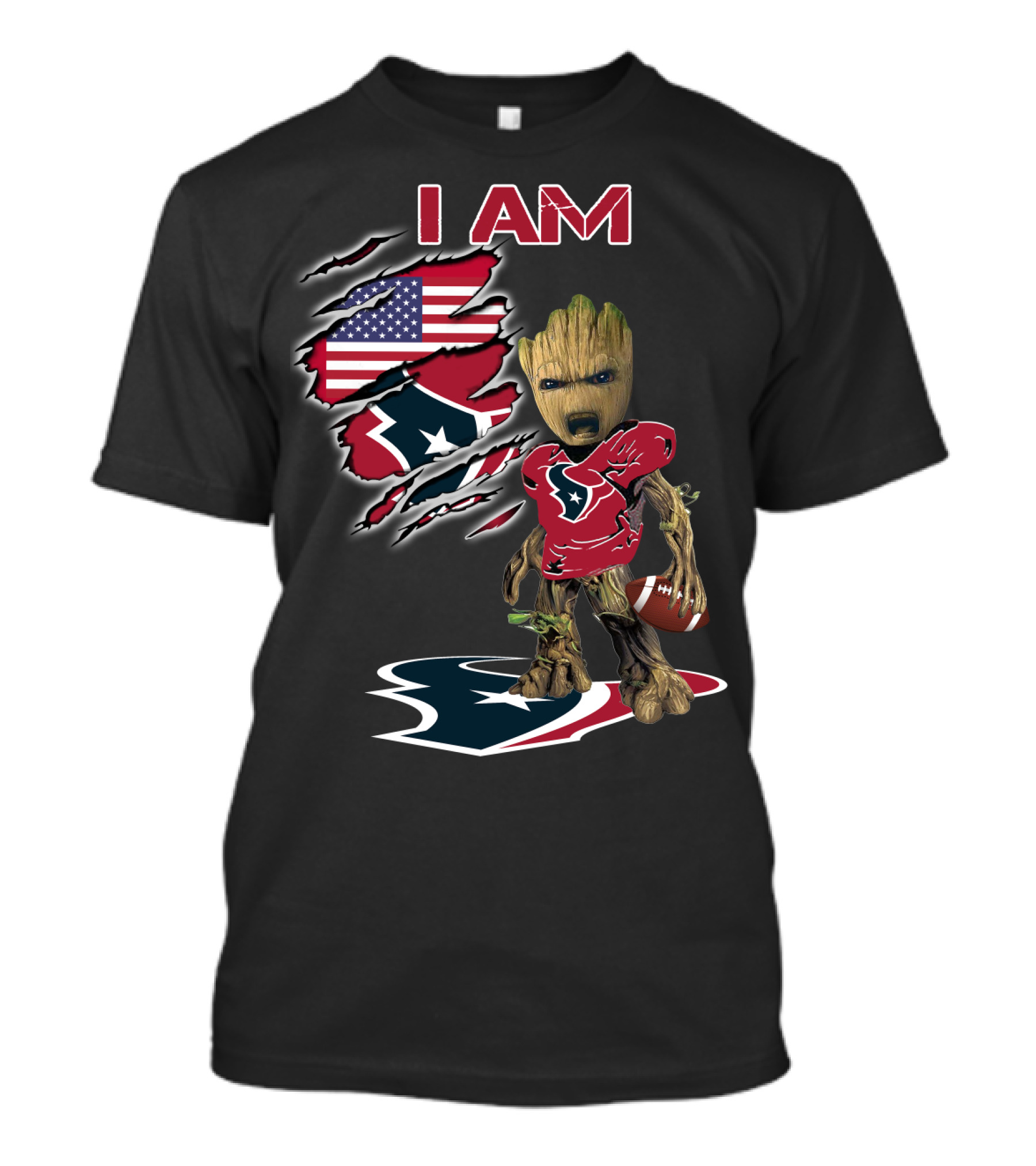 I Am Texans Baby Groot American Flag Football Fan T-Shirt
