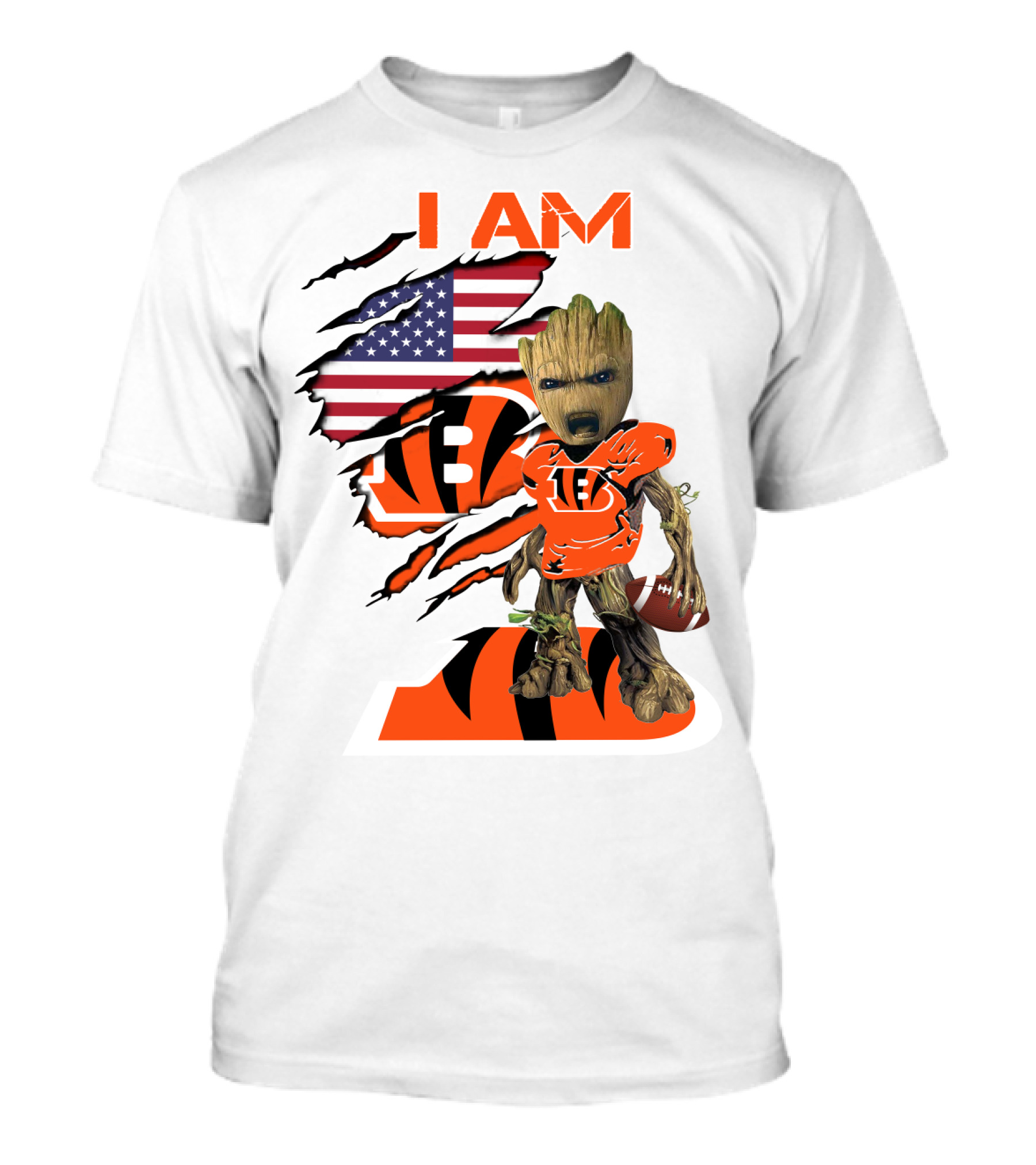 I AM Bengals Baby Groot Football USA Flag T-Shirt