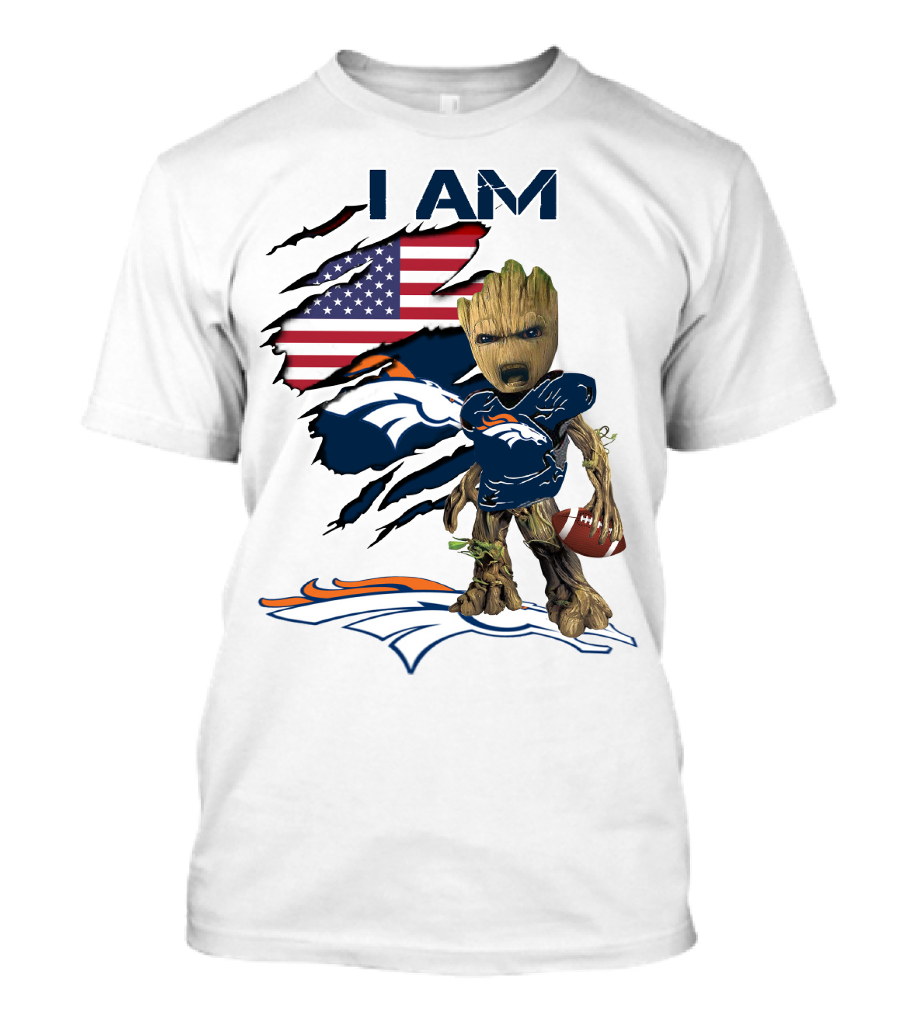 I Am Broncos Baby Groot American Flag Football T-Shirt
