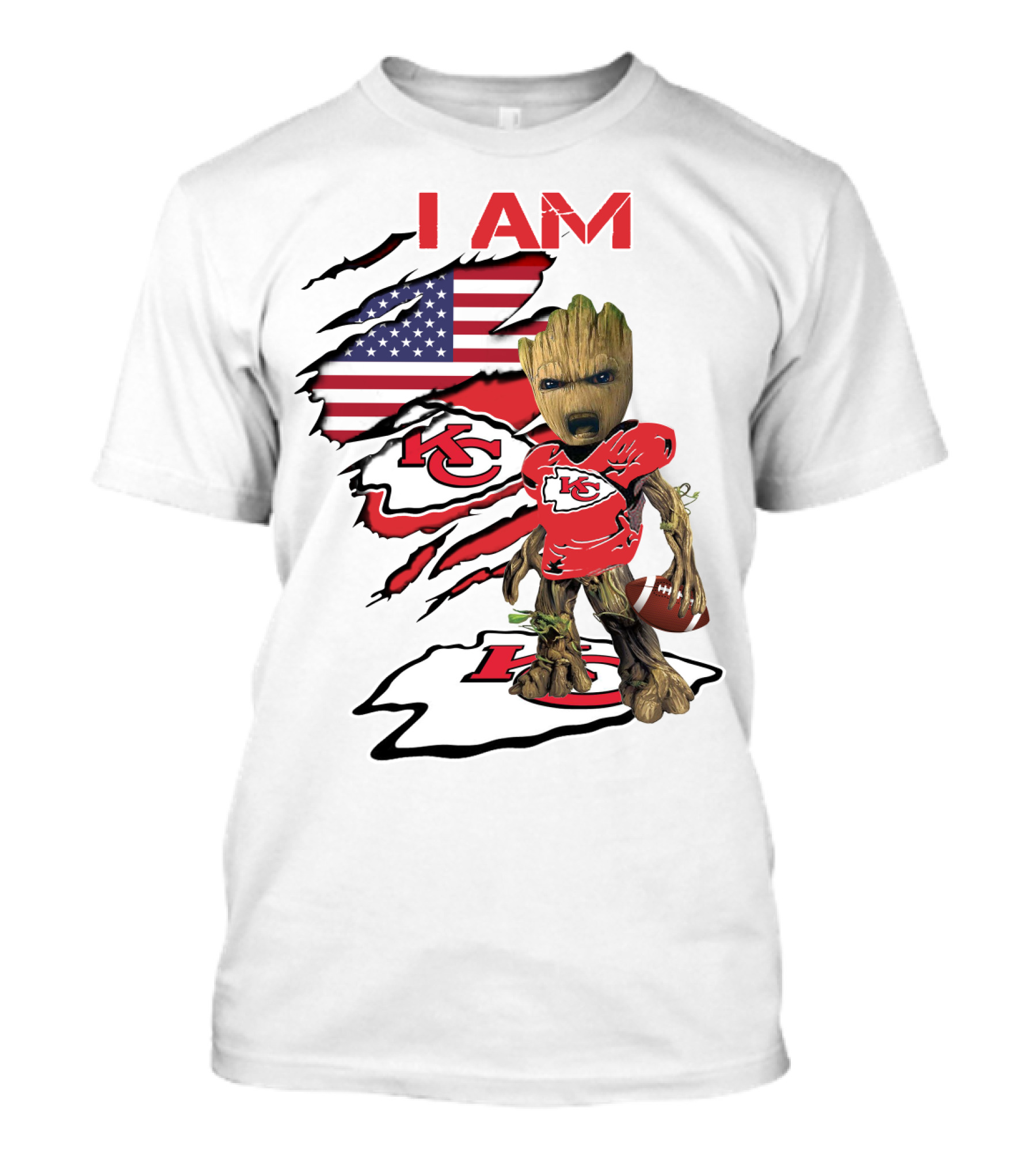 I Am Chiefs Baby Groot American Flag Football KC T-Shirt