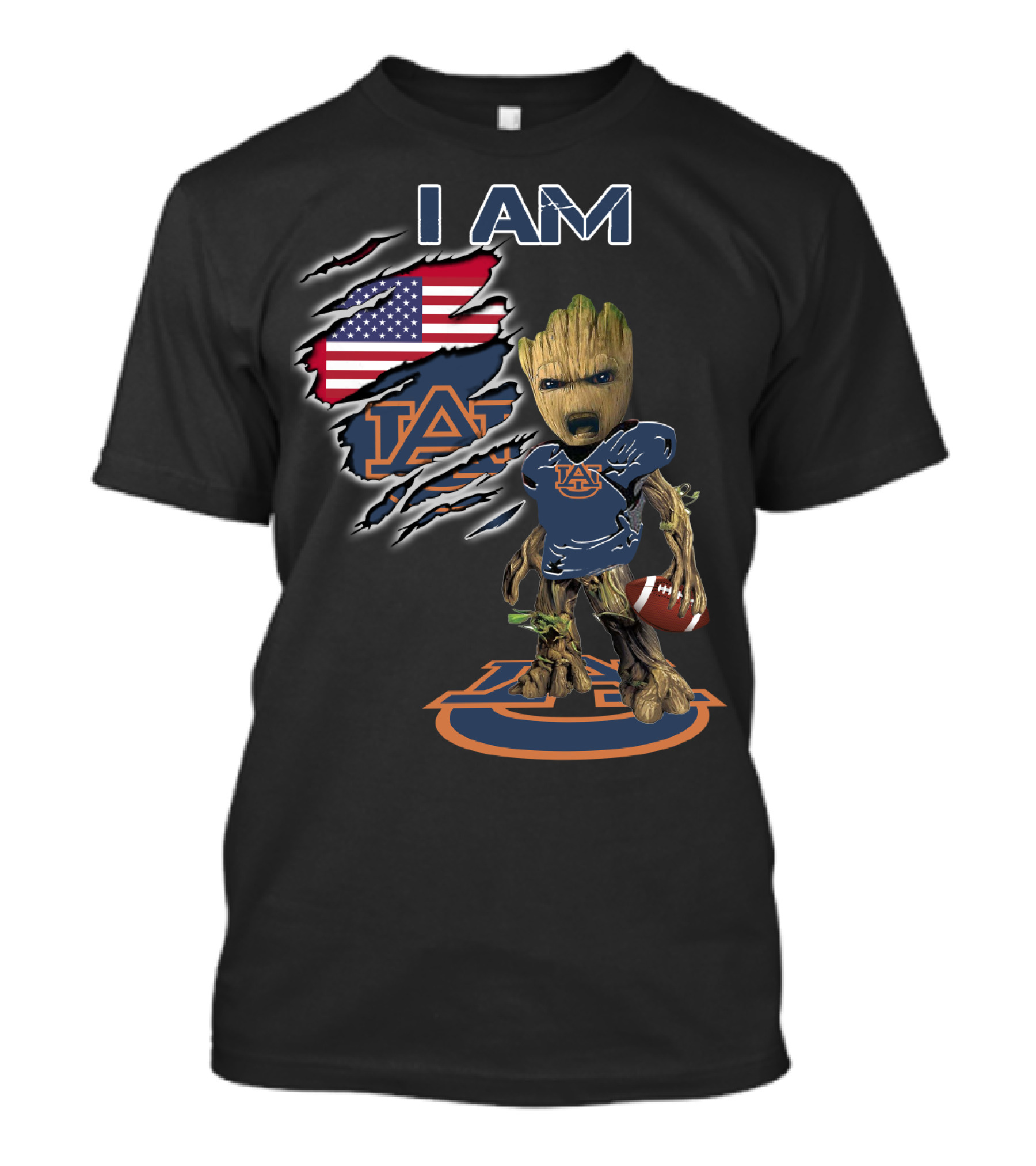 I Am Auburn Baby Groot Football USA Flag T-Shirt