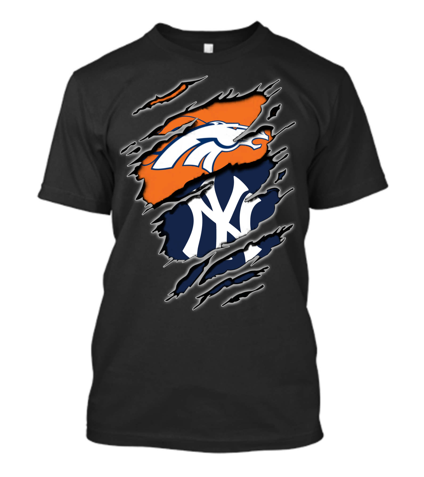 Broncos And Yankees Combined Logos On Torn T-Shirt