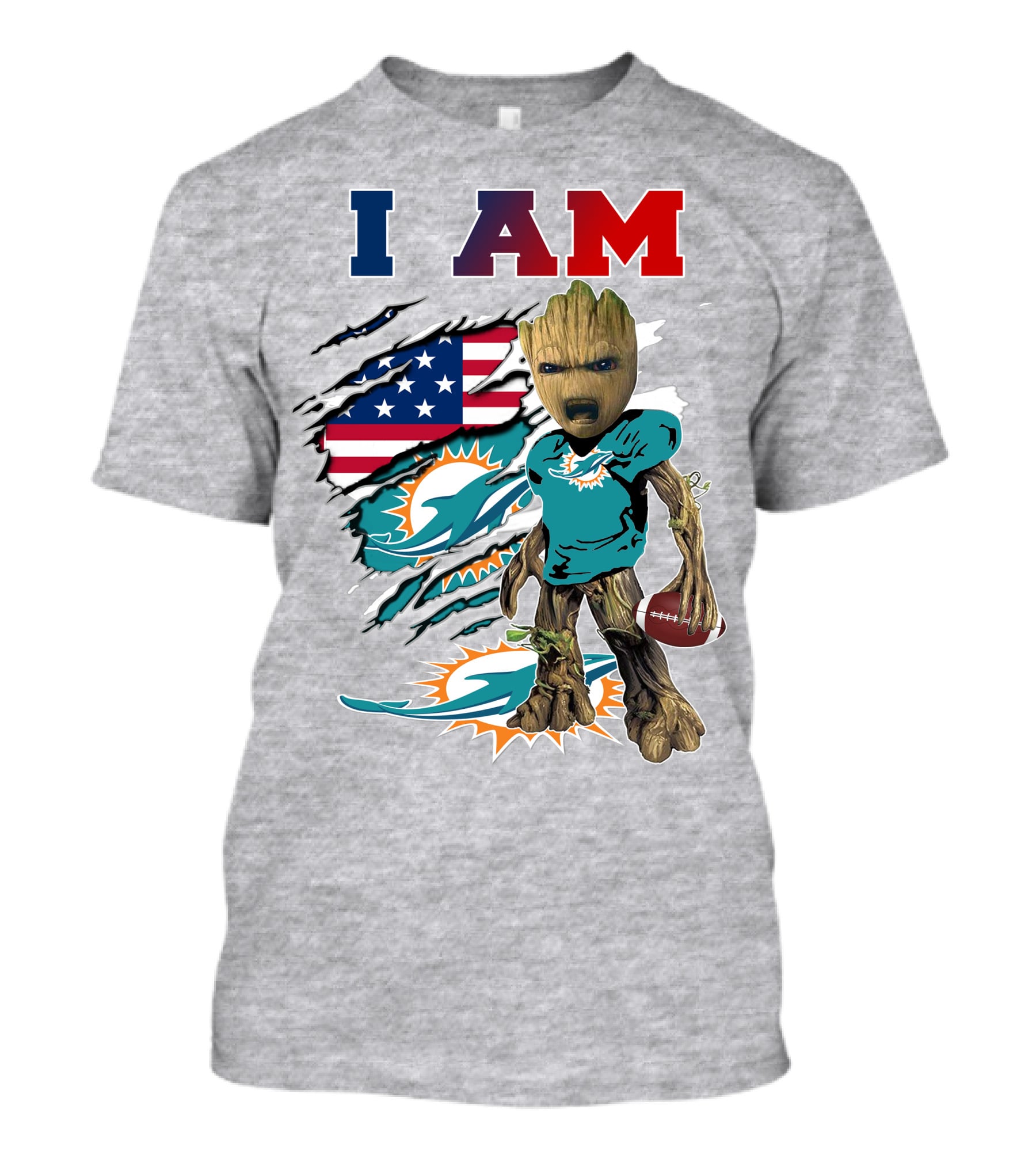 I Am Dolphins Football Groot American Flag T-Shirt