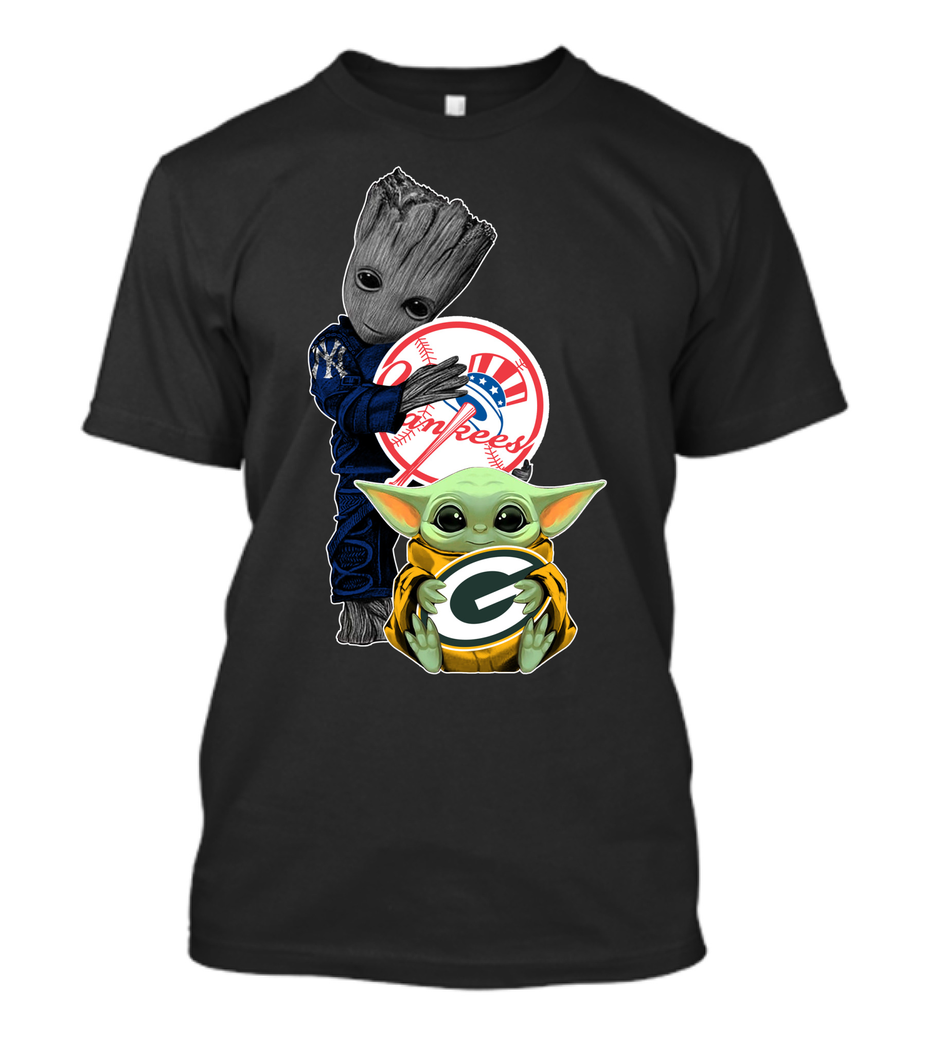 Yankees Baby Groot And Packers Baby Yoda Crossover T-Shirt