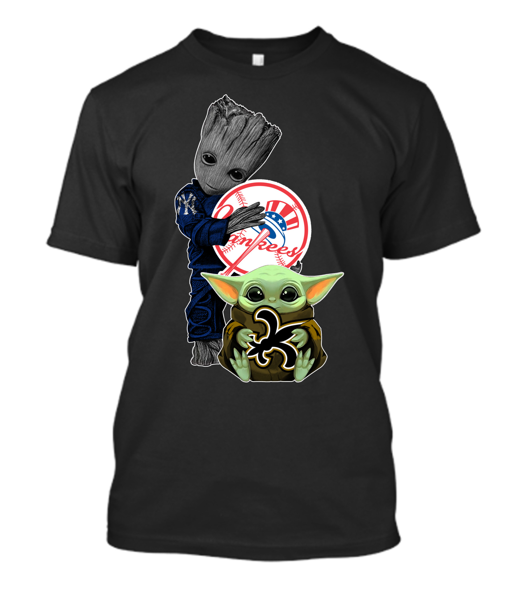 Saints Baby Yoda Yankees Groot Fan Crossover T-Shirt