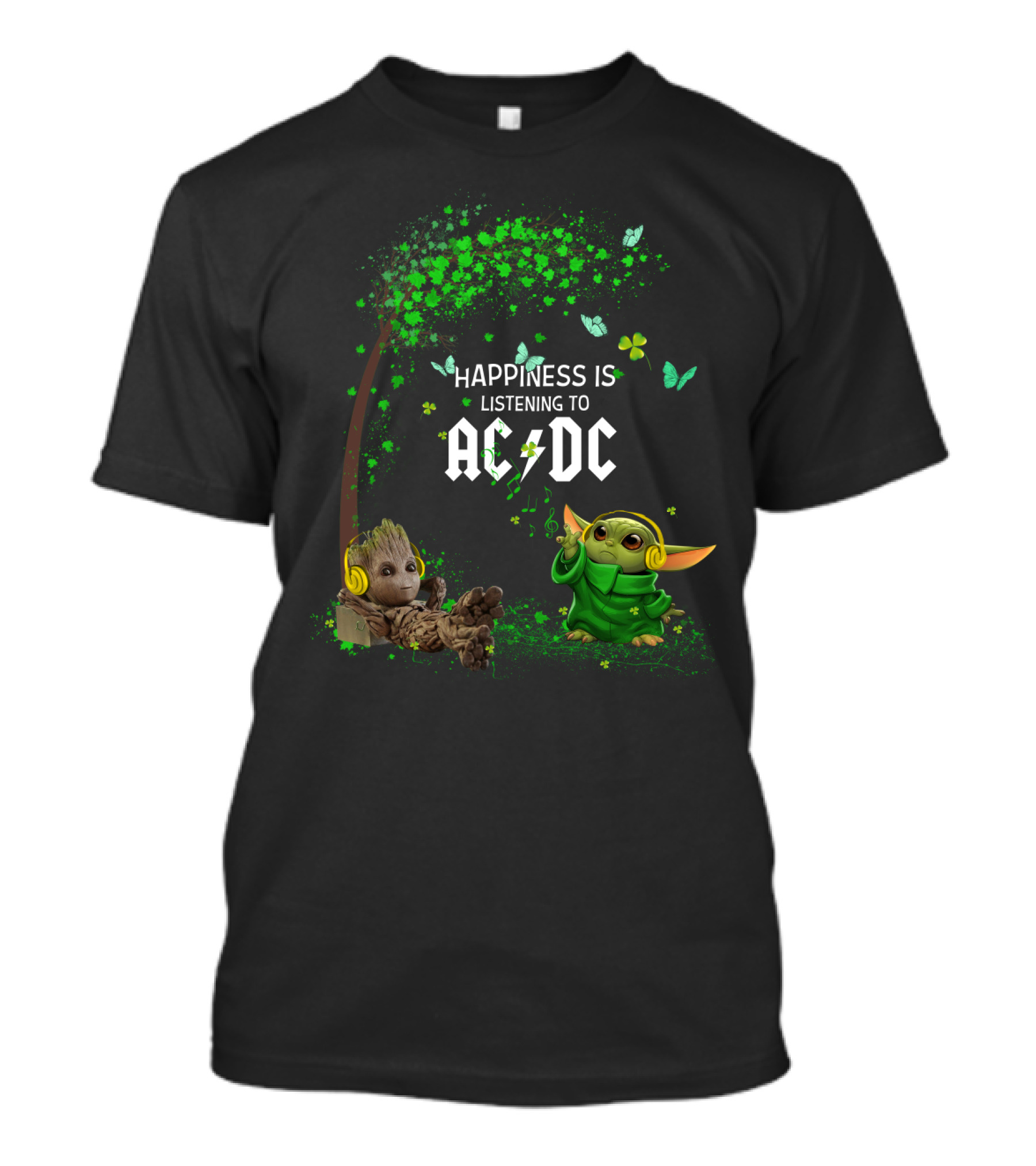 Happiness Is Listening To Ac/Dc Groot Baby Yoda Collaboration T-Shirt