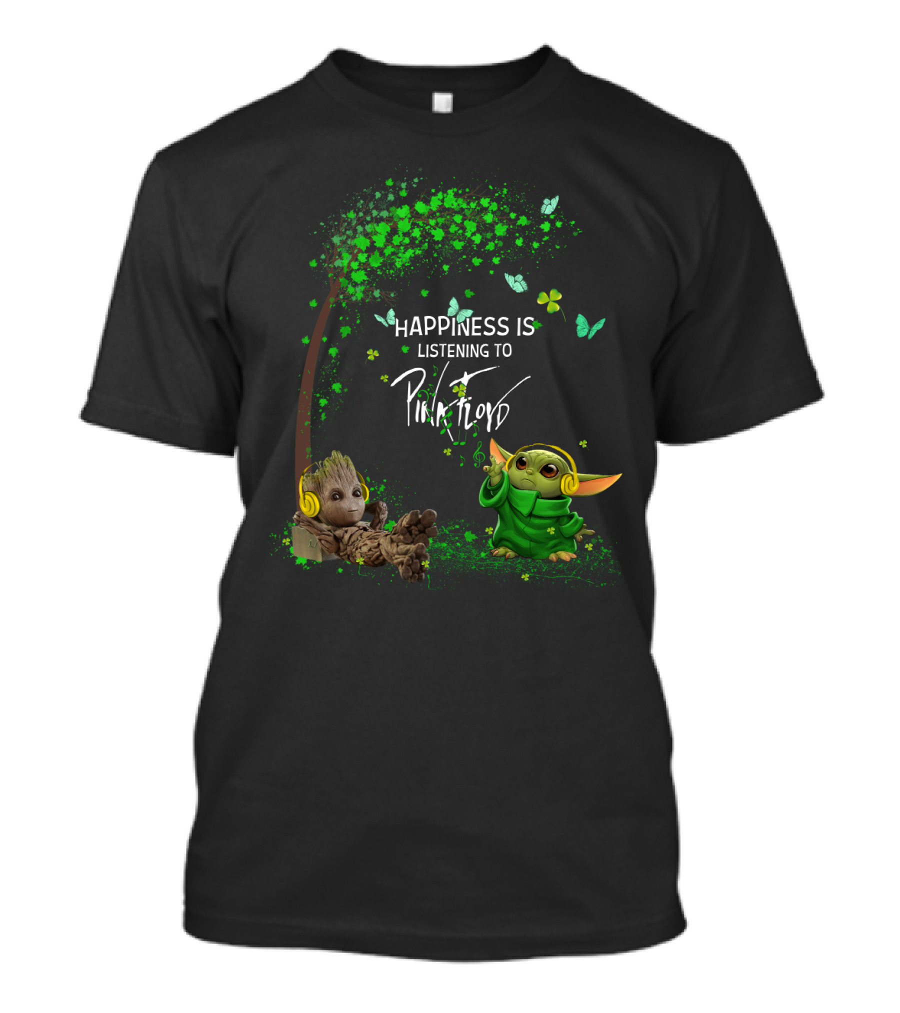 Happiness Is Listening To Pink Floyd With Headphone Characters In Green Fantasy Scene T-Shirt