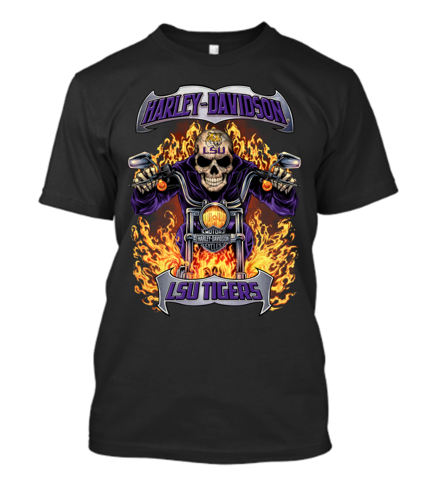 Harley Davidson Lsu Tigers Motorcycles Skull Flames T-Shirt
