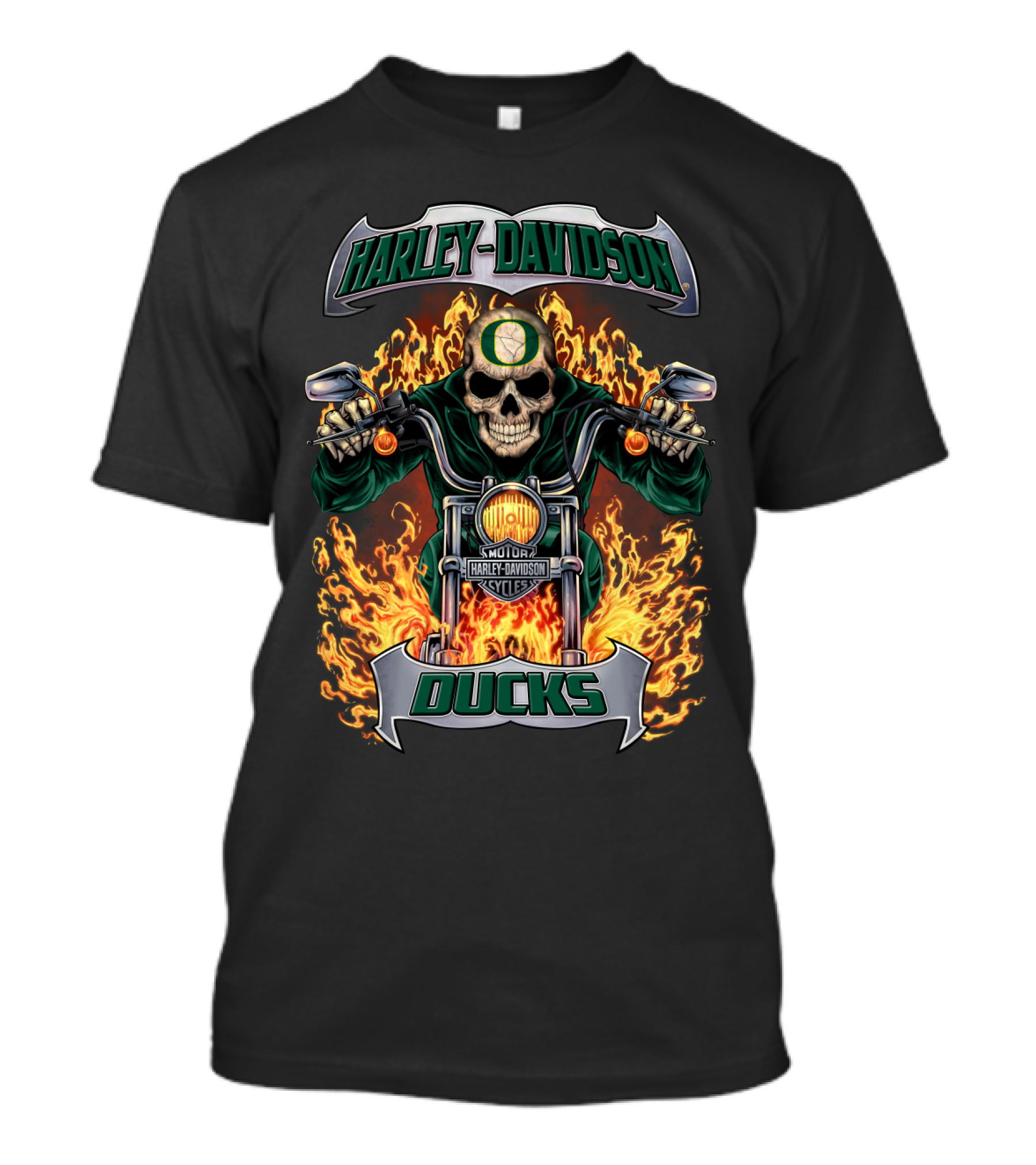 Harley Davidson Oregon Ducks Skeleton Motorcycle Fire T-Shirt