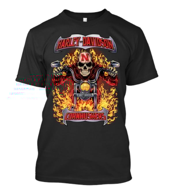 Harley Davidson Nebraska Cornhuskers Skull With Flames Motorcycle T-Shirt