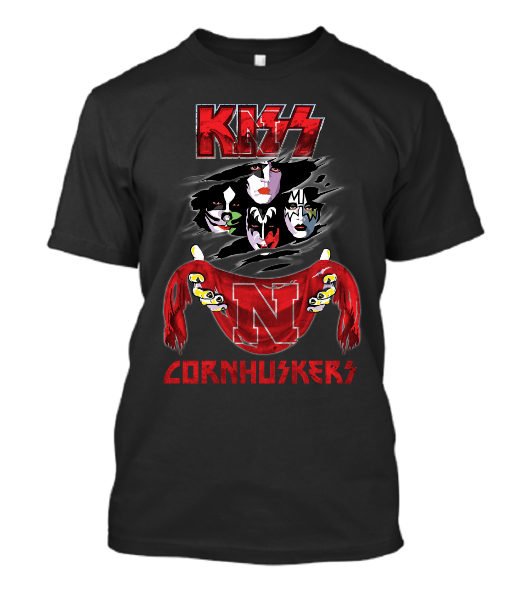 KISS Rock Band Faces With Nebraska Cornhuskers Red Scarf T-Shirt