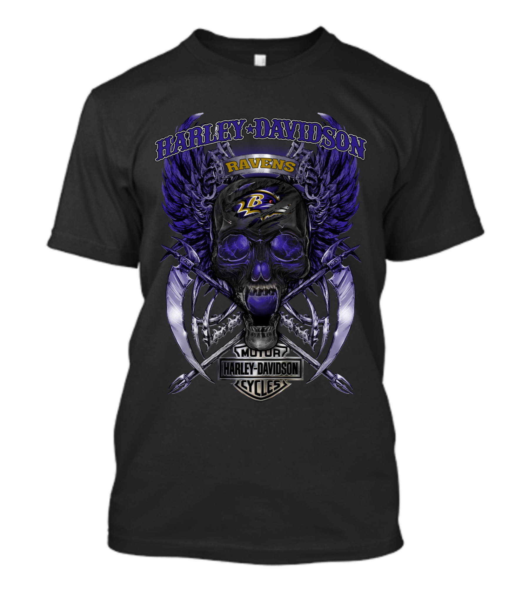Harley Davidson Ravens Baltimore Skull Wings Motorcycle Cycles T-Shirt
