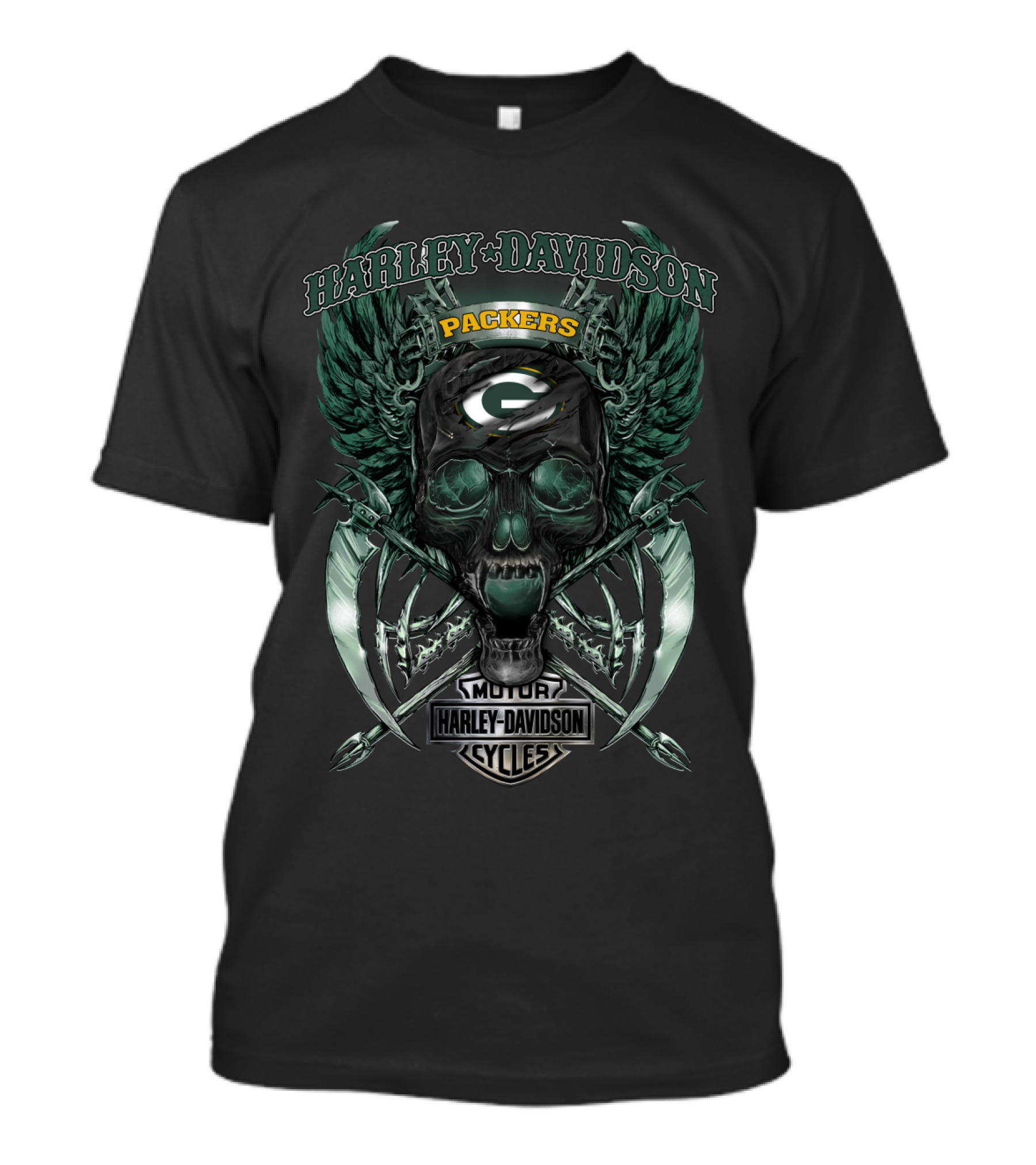 Harley Davidson Motor Cycles Packers Skull Wings Green Bay T-Shirt