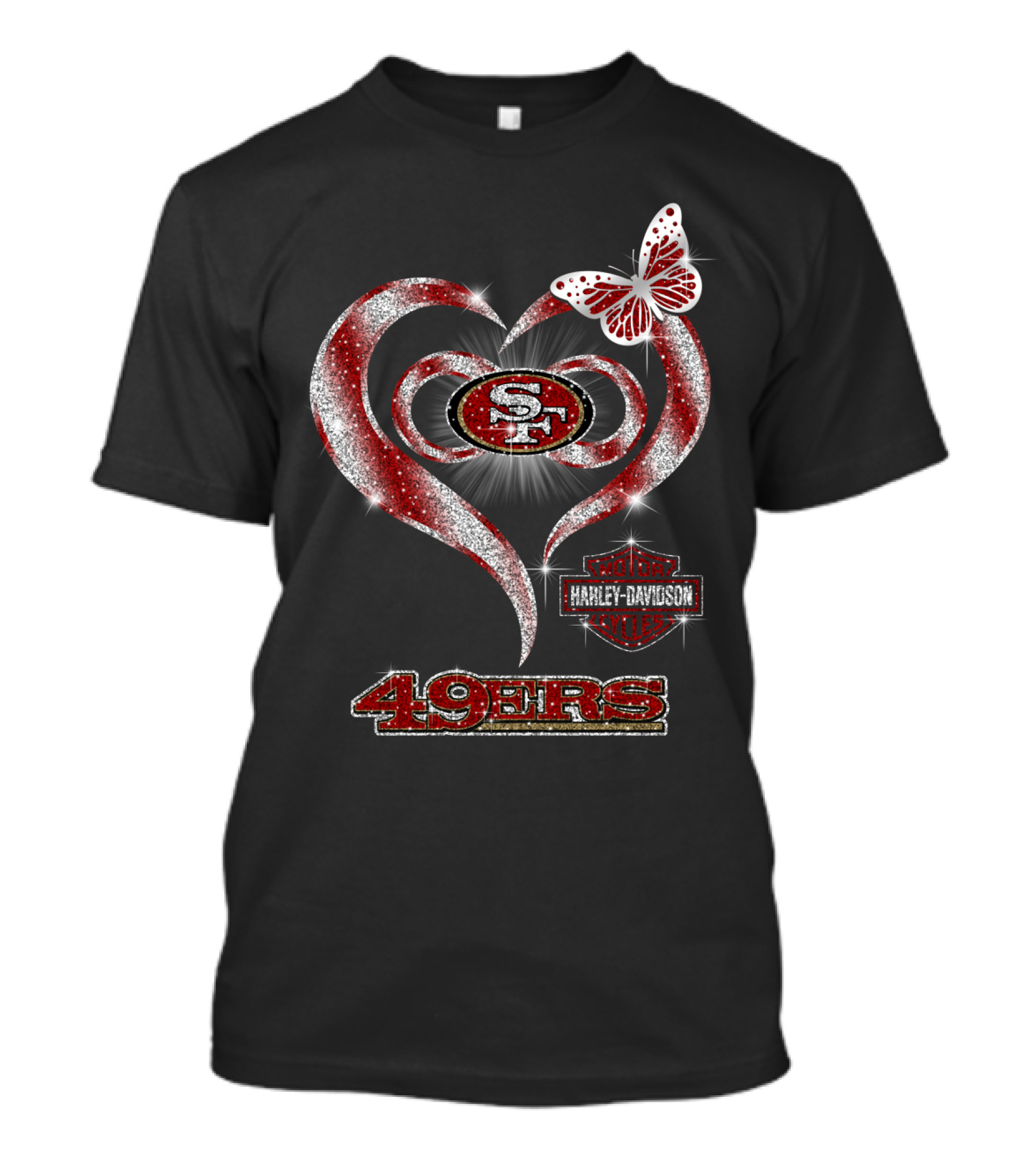 49ers Harley Davidson Heart With Butterfly T-Shirt