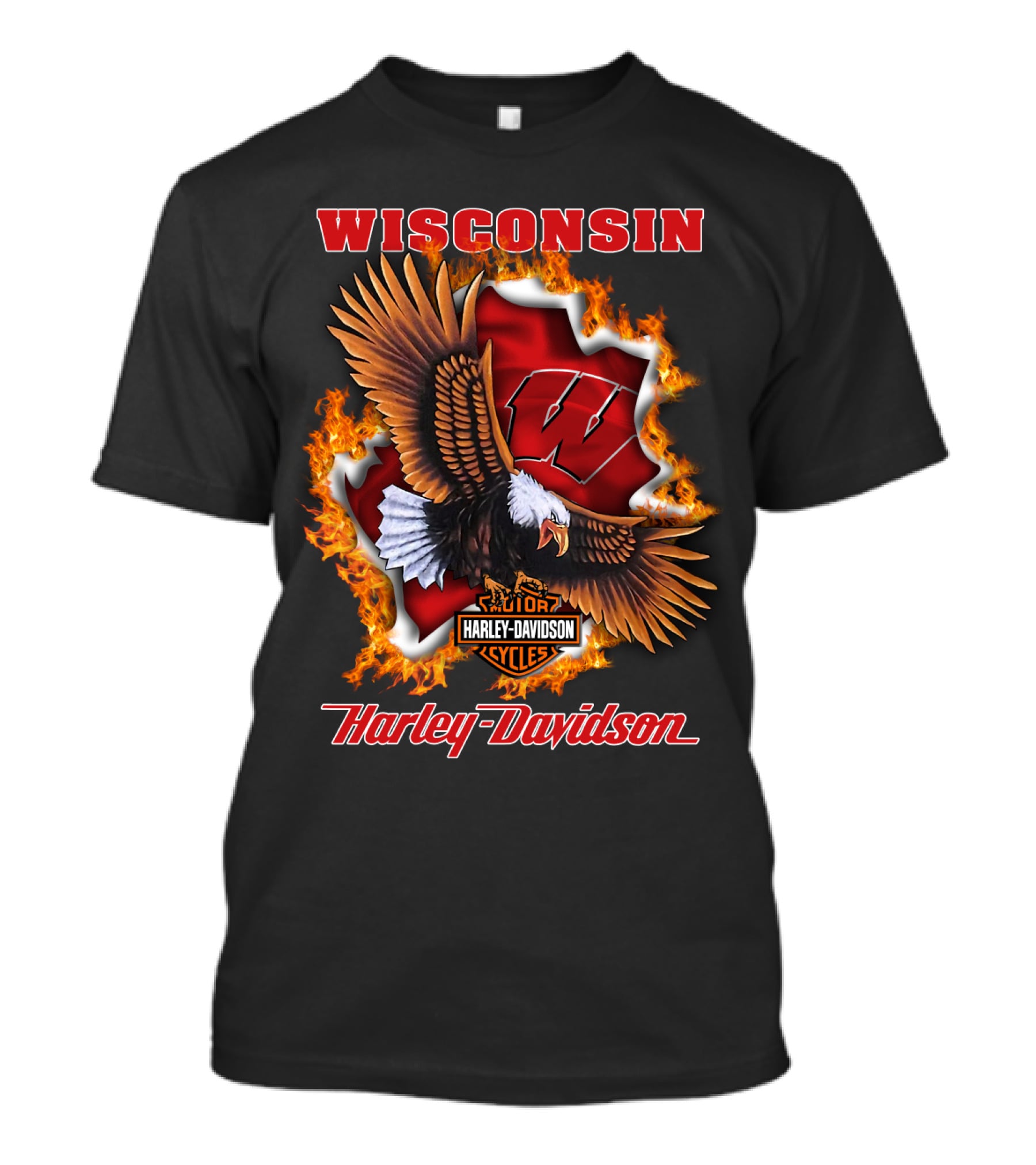Wisconsin Harley Davidson Ncaa Badgers Flames Eagle T-Shirt