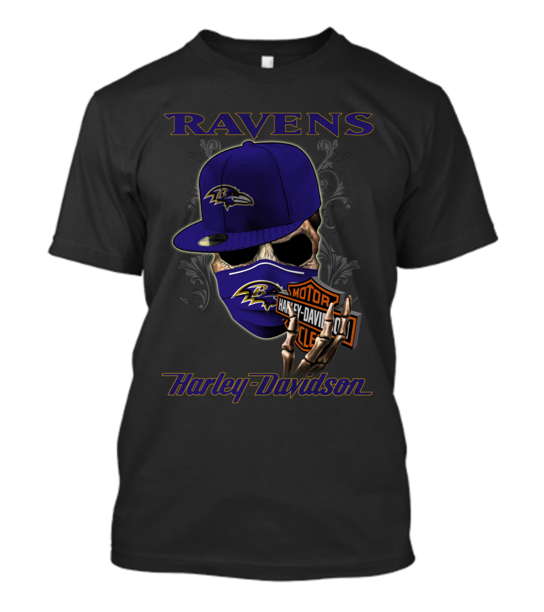Ravens Harley Davidson Nfl Baltimore Skeleton Mask And Cap T-Shirt