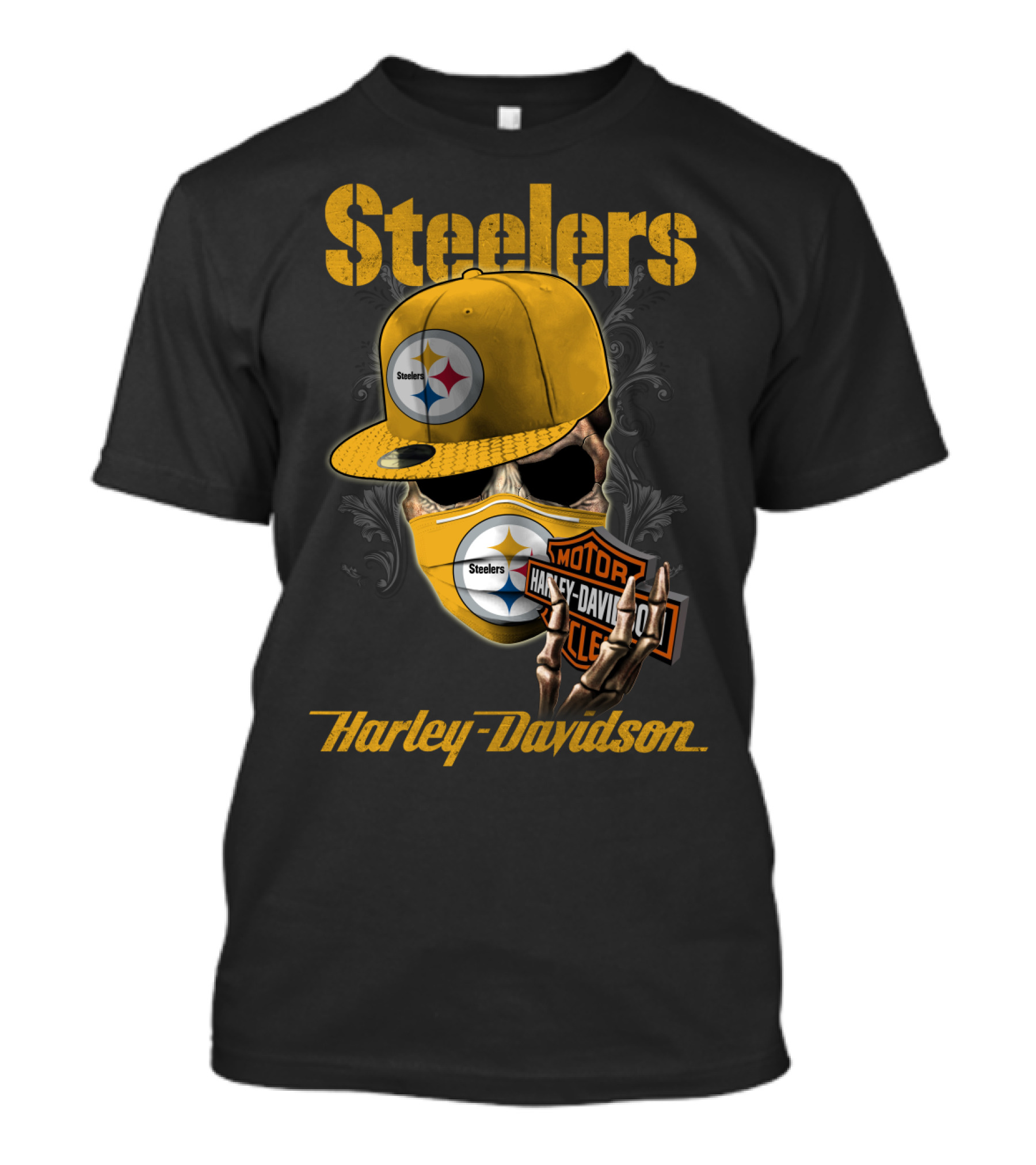 Steelers Harley Davidson Skull With Cap And Motorcycle T-Shirt