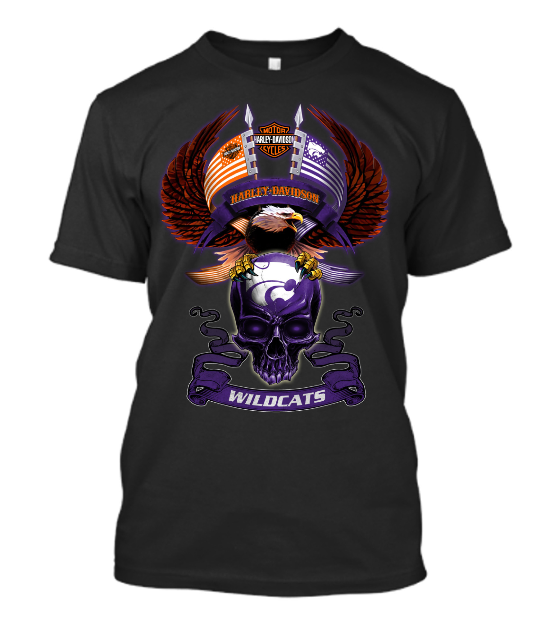 Harley Davidson Motor Cycles Kansas State Wildcats Bald Eagle Skull Wings T-Shirt