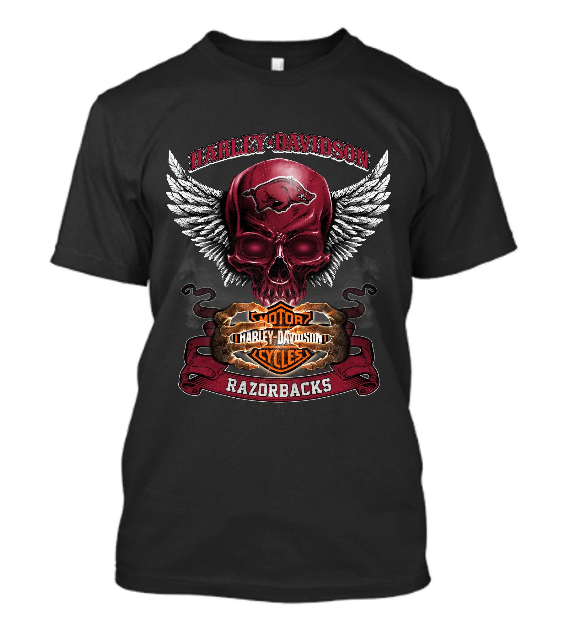 Harley Davidson Arkansas Razorbacks Skull With Wings And Motorcycle T-Shirt