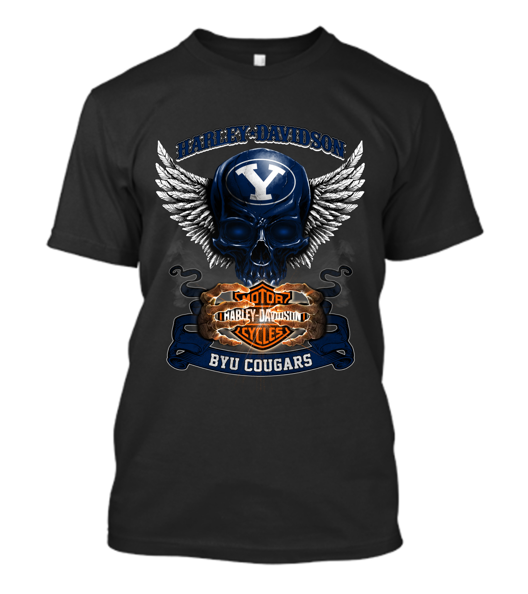 Harley Davidson Byu Cougars Y Skull Wings Motor Cycles T-Shirt