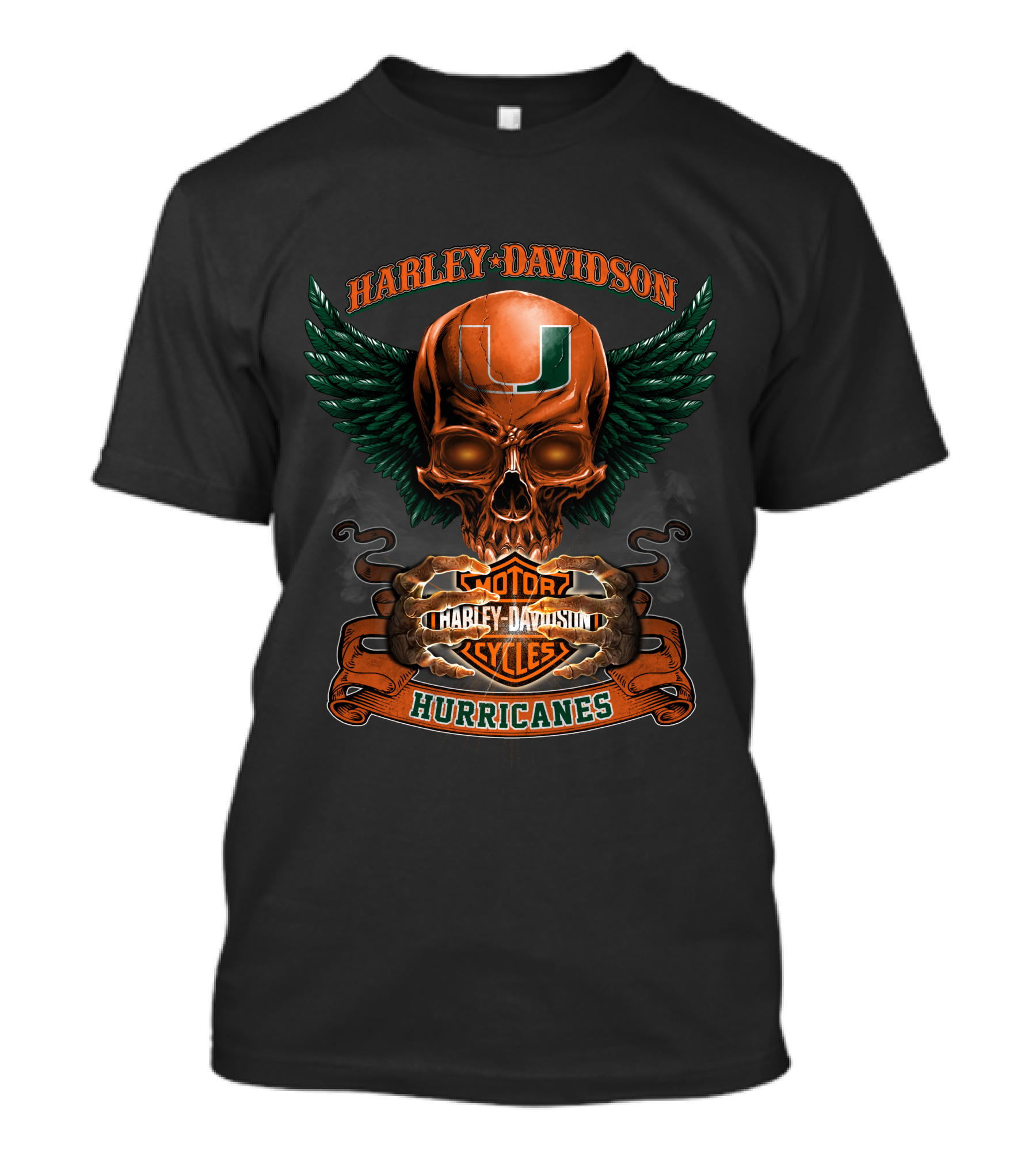 Harley Davidson Miami Hurricanes Skull With Wings Motorcycles T-Shirt