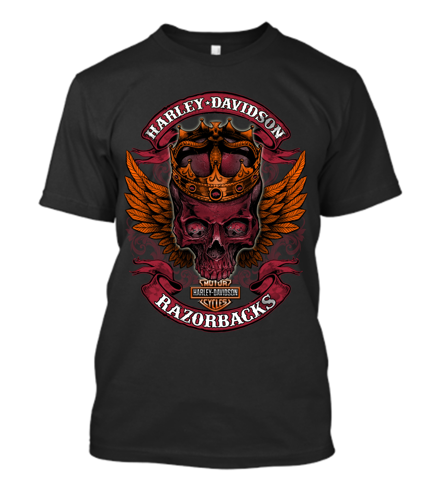 Harley Davidson Razorbacks Skull With Crown And Wings T-Shirt