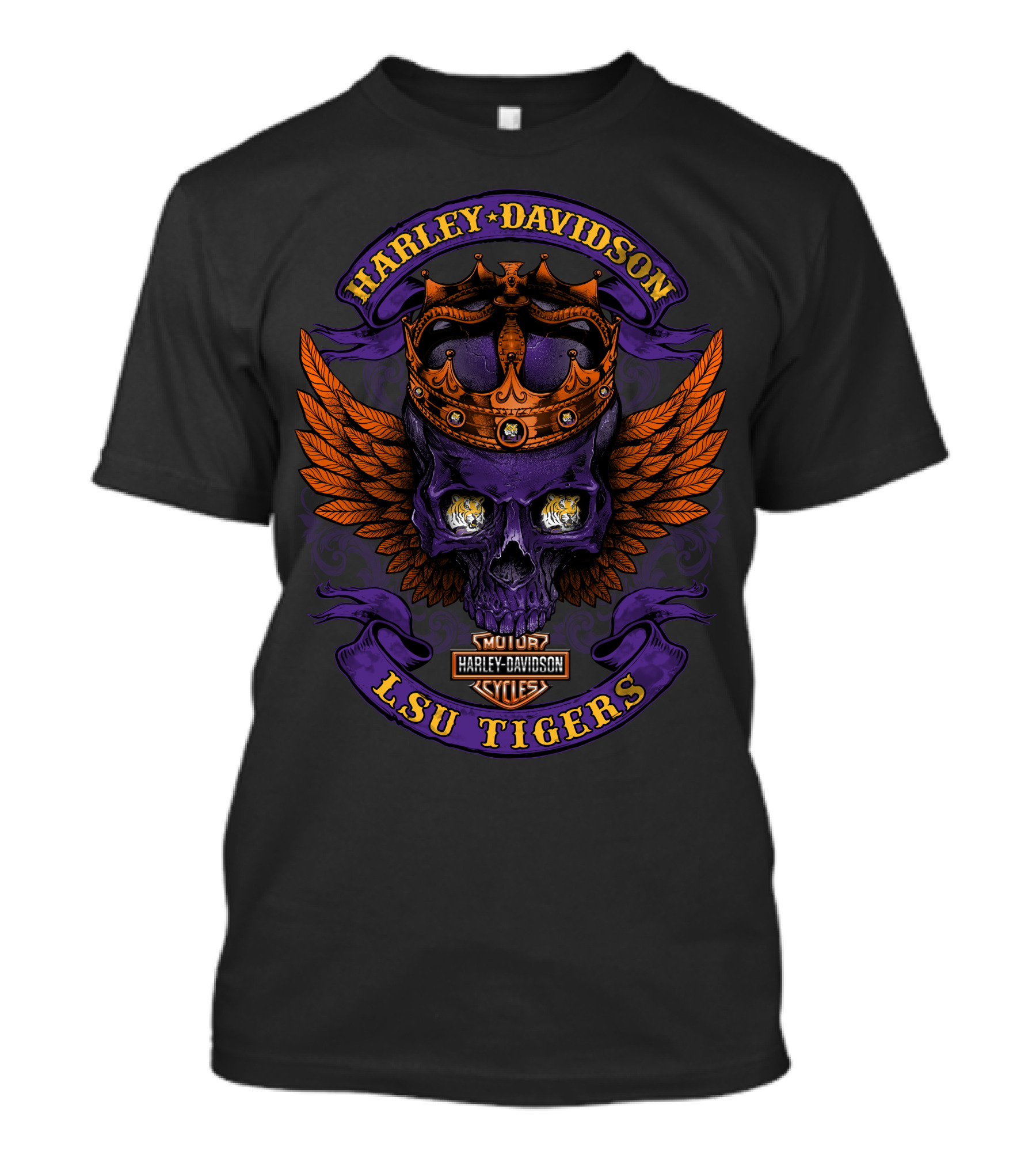 Harley Davidson Lsu Tigers Skull Crown Wings T-Shirt